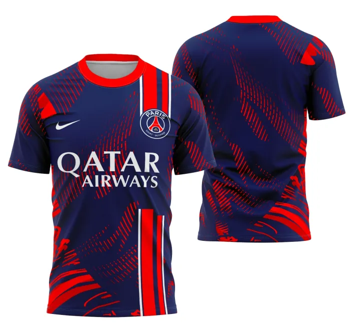 Camiseta unissex preta com logo no peito e estampa grande nas costas inspirada no conceito Paris Saint-Germain, ideal para fãs que buscam estilo moderno e personalidade marcante