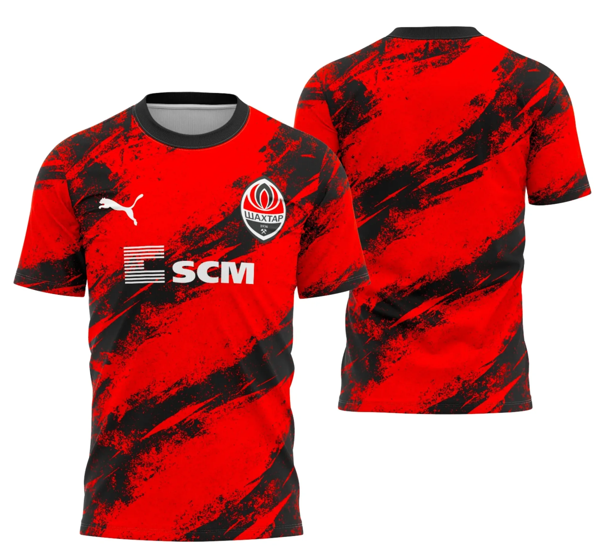 Camiseta unissex preta com logo no peito e estampa grande nas costas inspirada no conceito do Shakhtar Donetsk, ideal para fãs do futebol e eventos esportivos.