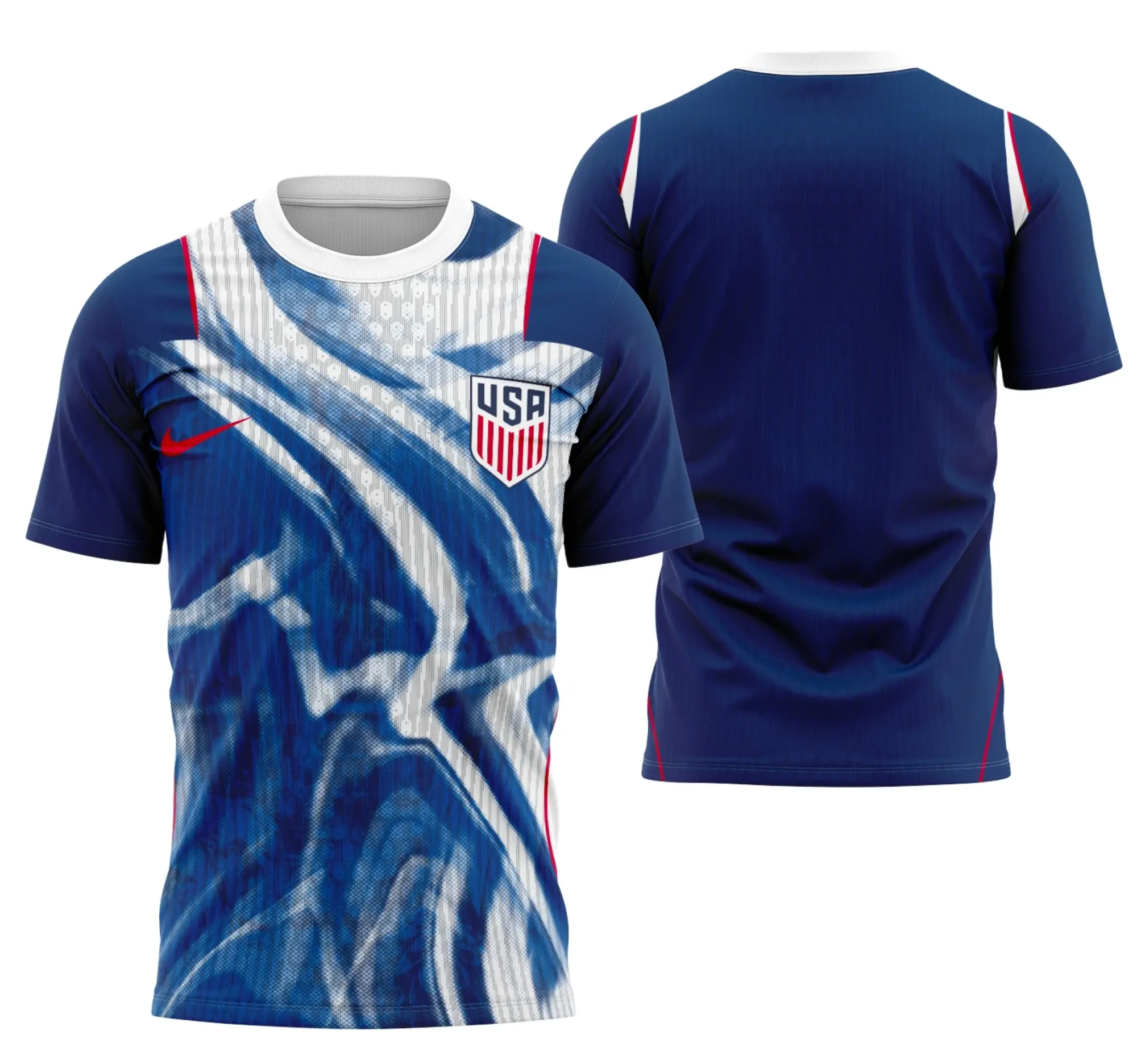 Camiseta unissex preta com logo no peito e estampa grande nas costas, mostrando o conceito do terceiro kit dos EUA 2026, perfeita para fãs de futebol e colecionadores.