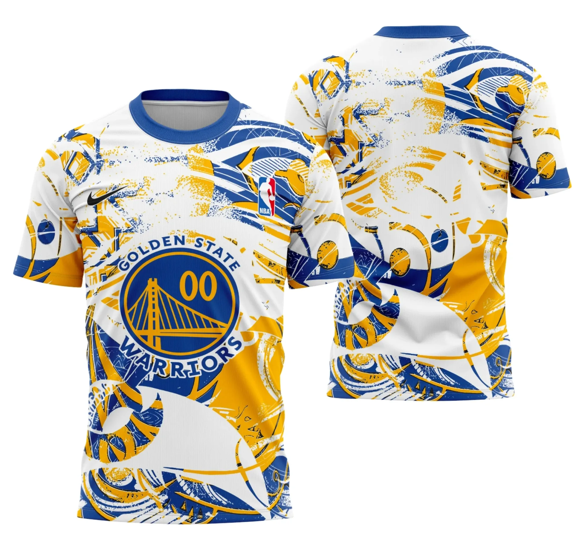 Camiseta unissex preta com logo no peito e estampa grande nas costas mostrando o conceito dos Golden State Warriors, perfeita para fãs do basquete.