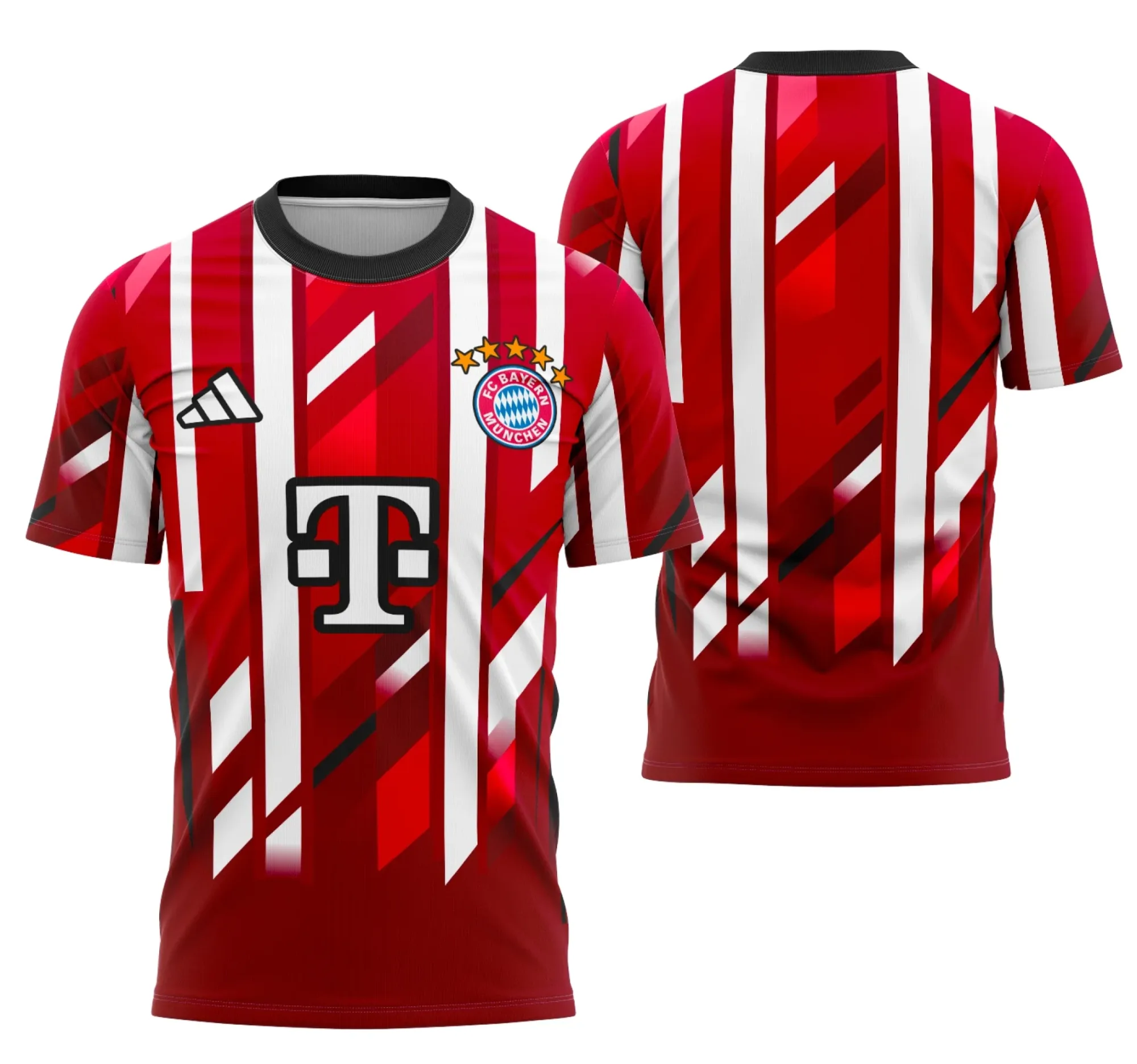 Camiseta unissex preta com logo no peito e estampa grande nas costas do conceito não oficial do Bayern de Munique, ideal para fãs e torcedores modernos.