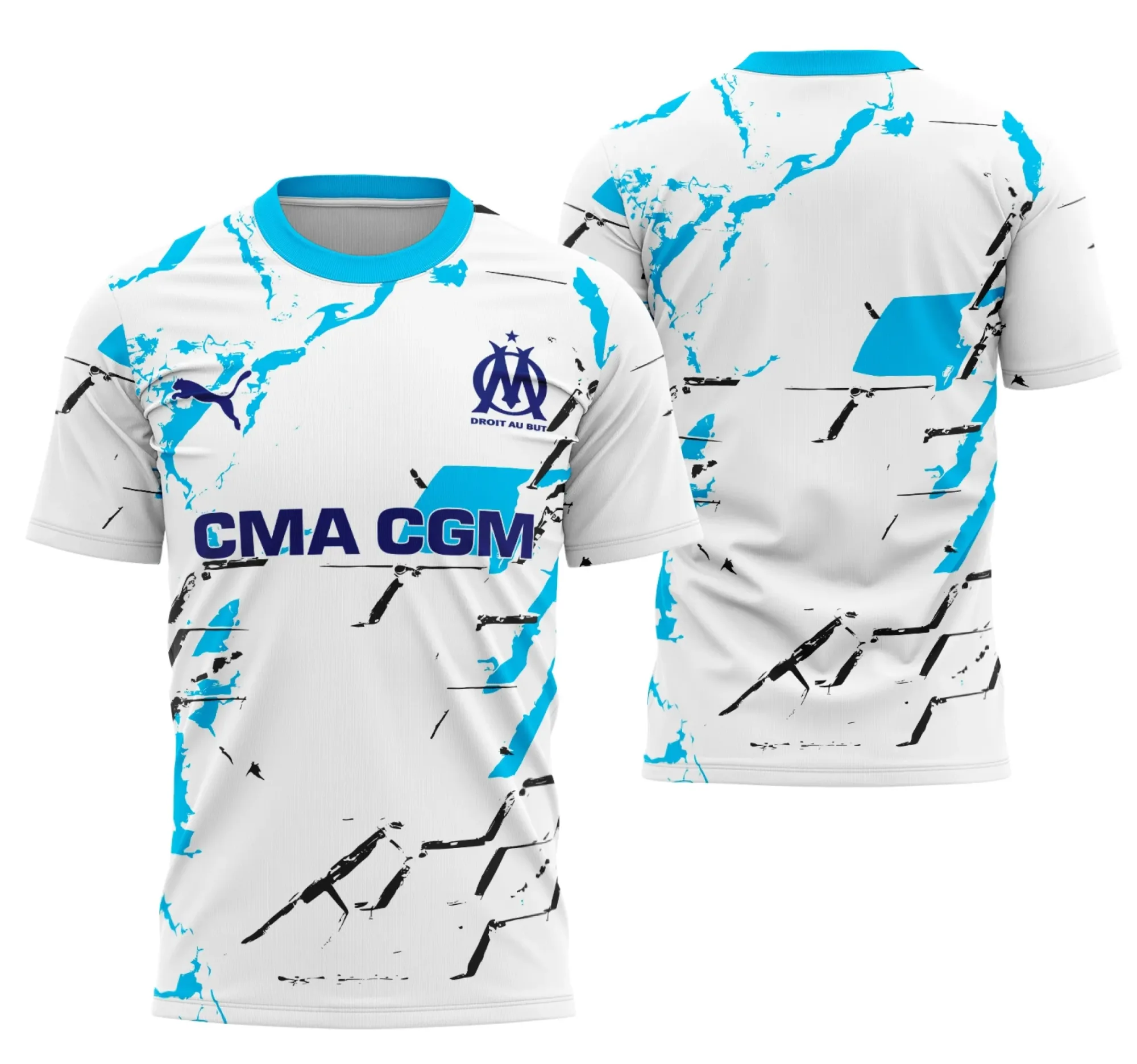 Camiseta unissex preta com logo no peito e estampa grande nas costas Inspirada no Interclasse Conceito Olympique De Marselha 2025, ideal para quem busca estilo e conforto em visual marcante