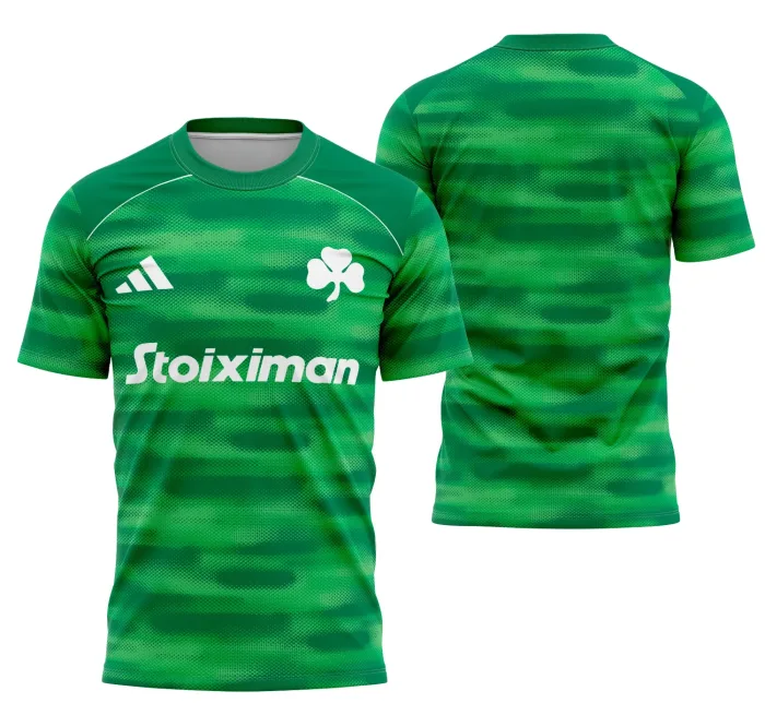 Camiseta unissex preta com logo no peito e estampa grande nas costas do Panathinaikos, ideal para fãs que buscam estilo e conforto em um modelo moderno e marcante.