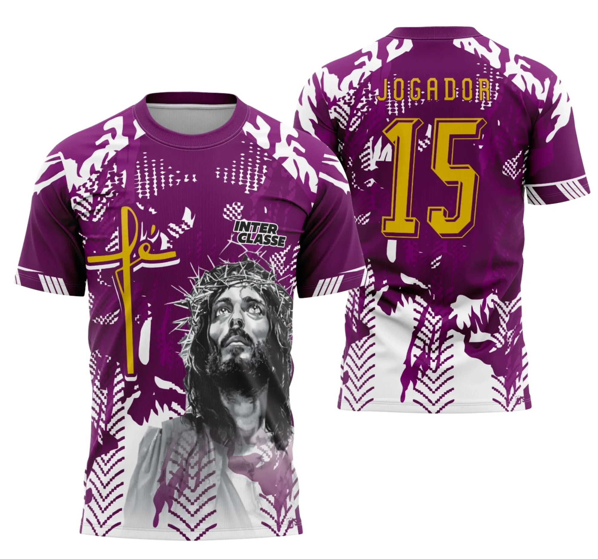Foto da camiseta unissex preta com logo no peito e estampa grande nas costas do tema Interclasse Futebol Jesus Cristo modelo 22