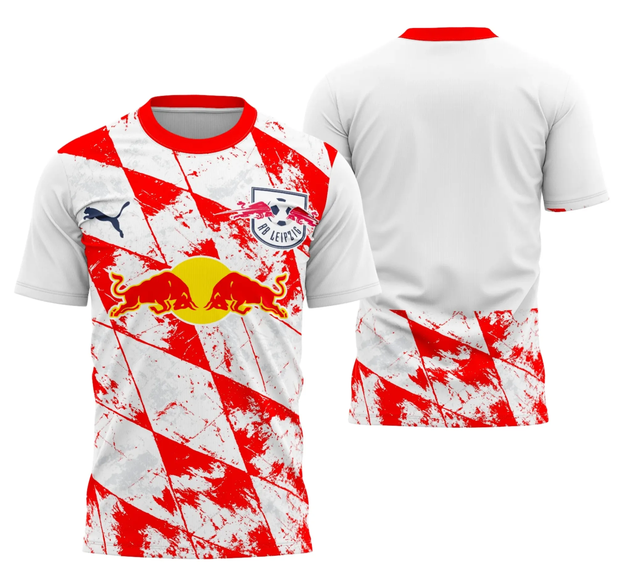 Camiseta unissex preta com logo no peito e estampa grande nas costas, tema Interclasse Conceito RB Leipzig, design moderno e urbano perfeito para fãs de futebol.