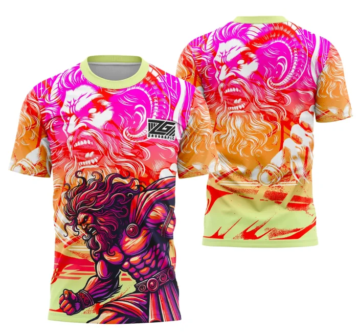 Camiseta unissex preta com logo no peito e estampa grande nas costas com tema de Deus Grego, estilo moderno e vibrante para eventos interclasse.