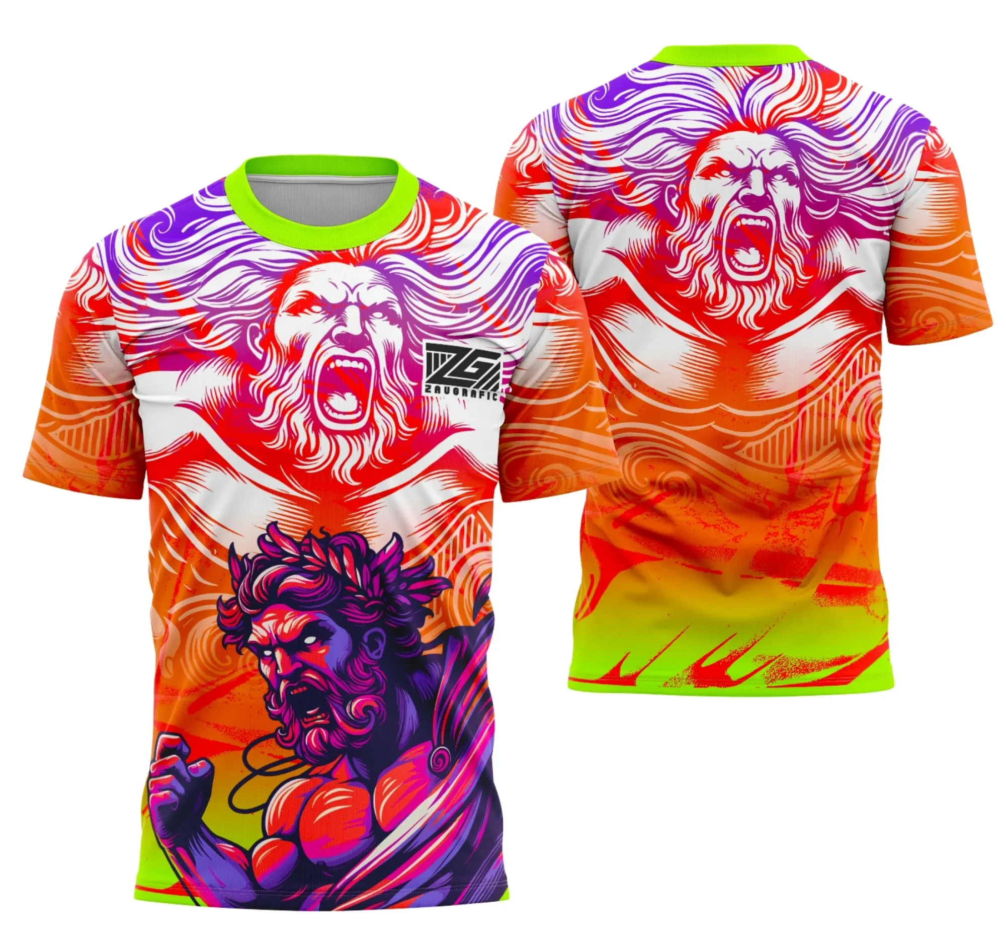 Camiseta unissex preta com logo no peito e estampa grande nas costas mostrando tema de Deus Grego, ideal para eventos interclasse e estilo moderno.