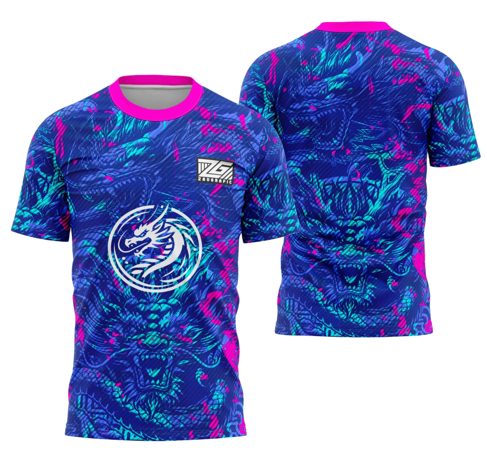 Camiseta unissex preta com logo no peito e estampa grande nas costas mostrando o poder de um dragão para eventos interclasse