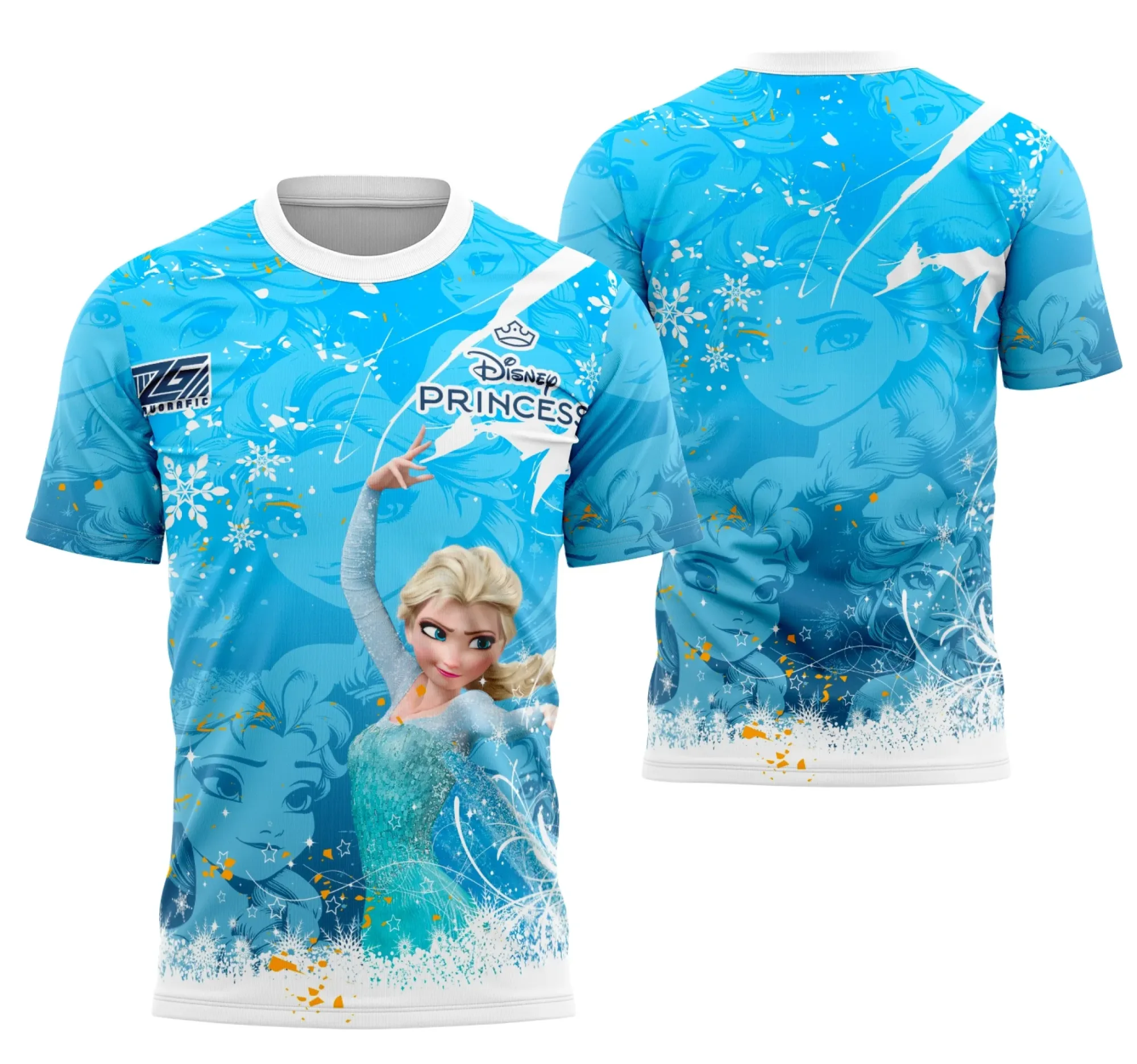 Foto de camiseta unissex branca com logo no peito e estampa grande nas costas com tema da Elsa da série Disney, ideal para uso em eventos, com design vibrante e moderno.