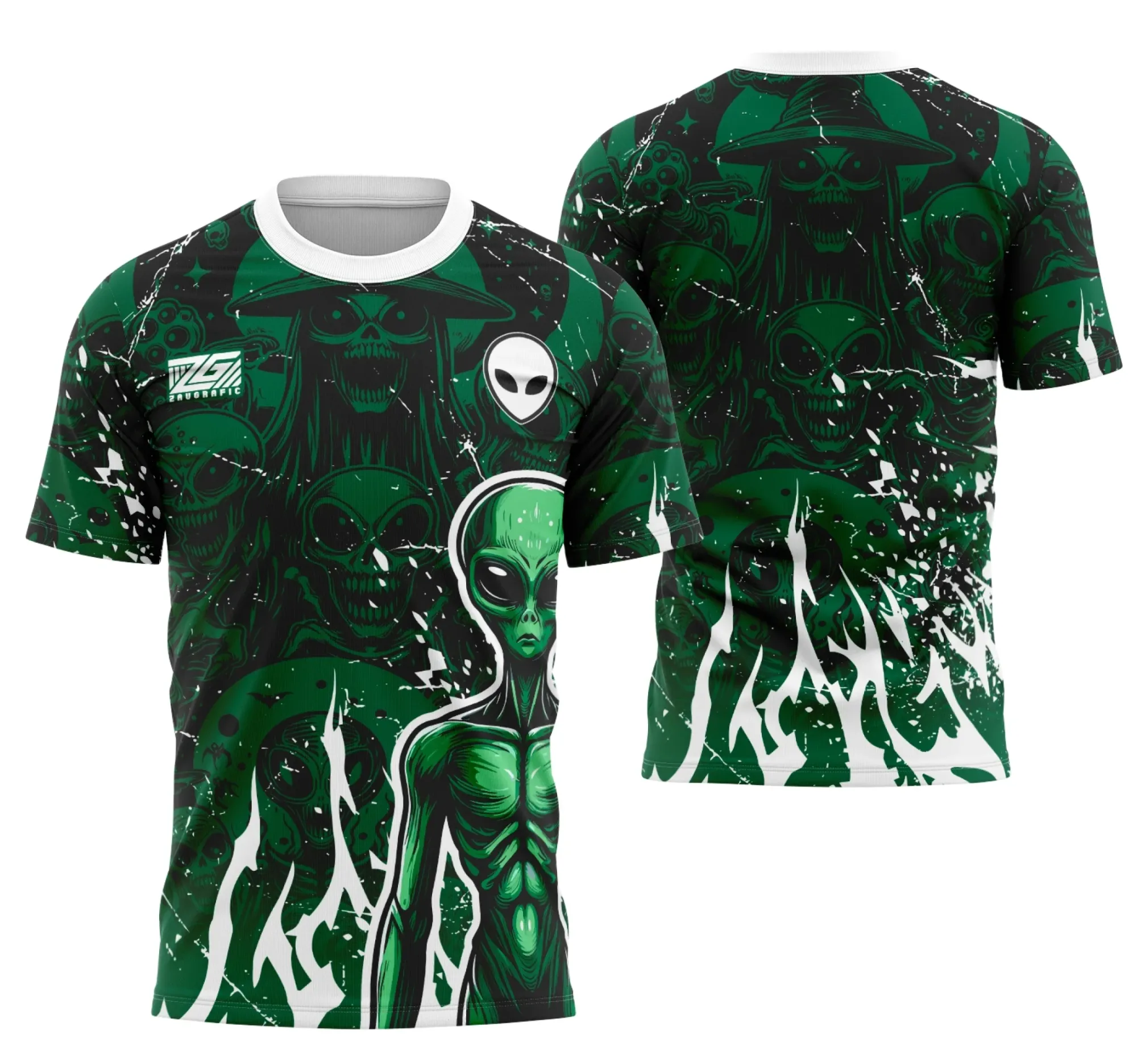 Camiseta unissex preta com logo no peito e estampa grande nas costas da Equipe Alienígena do Interclasse, ideal para eventos escolares com tema futurista e alienígena.