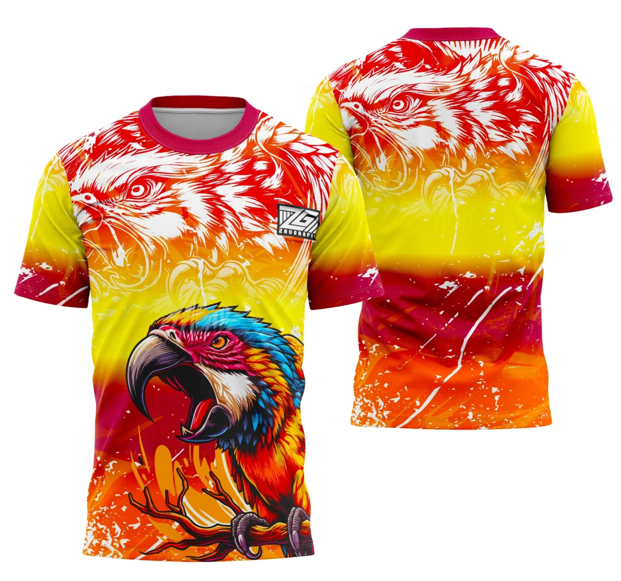 Camiseta unissex preta com logo no peito e estampa grande nas costas da equipe Arara, perfeita para o Interclasse, com design vibrante e moderno.