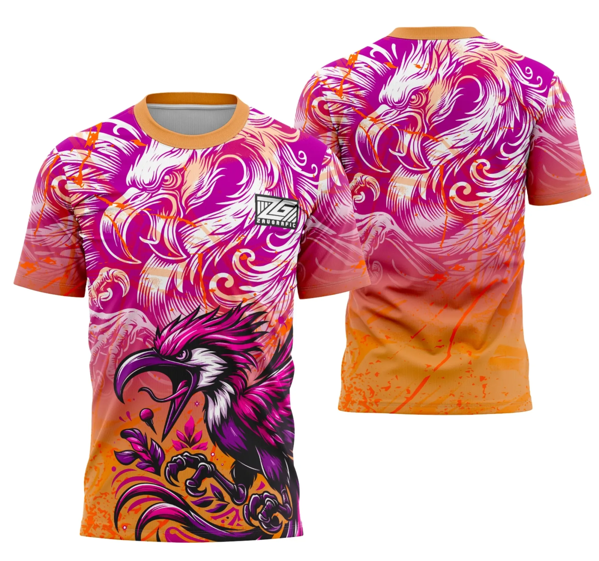 Camiseta unissex branca com logo no peito e estampa grande nas costas, estilo Interclasse Equipe Ave, ideal para eventos e times, confortável e moderna.