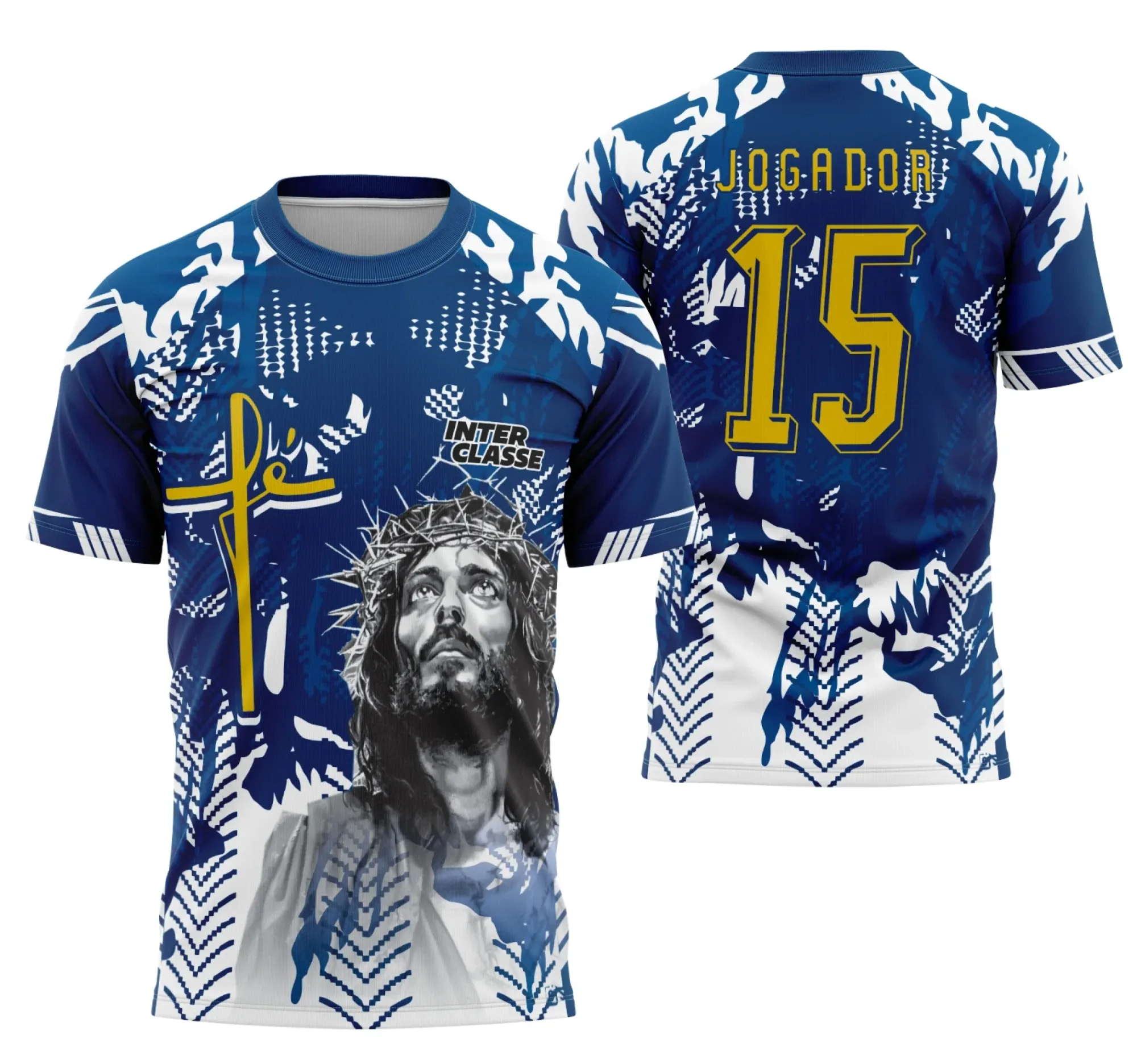 Camiseta unissex preta com logo no peito e estampa grande nas costas com tema Interclasse Futebol Jesus Cristo modelo 24, perfeita para torcer com estilo e fé.