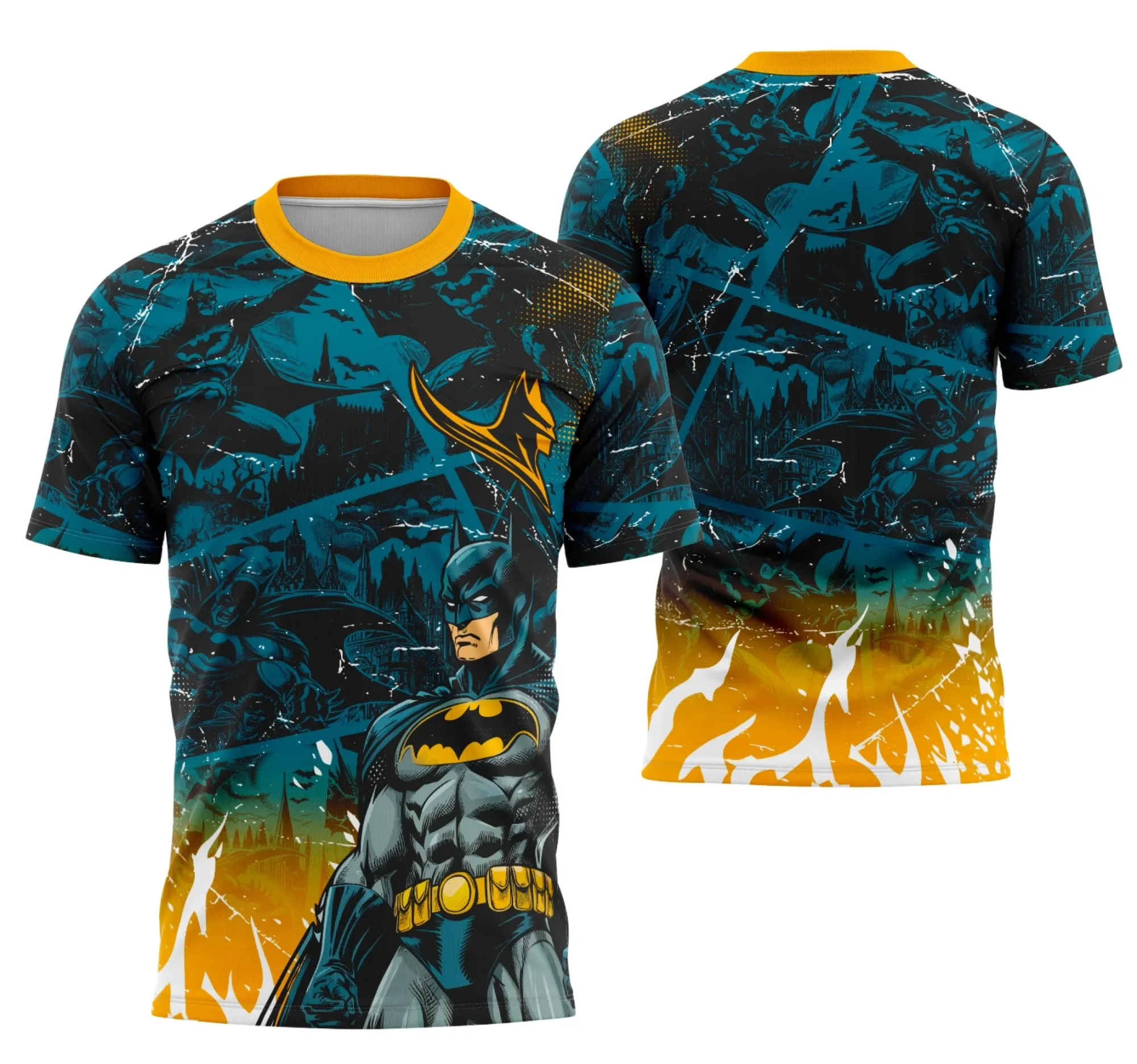Camiseta unissex preta com logo no peito e estampa grande nas costas da Equipe Batman, ideal para eventos de time e turmas em clima interclasse.