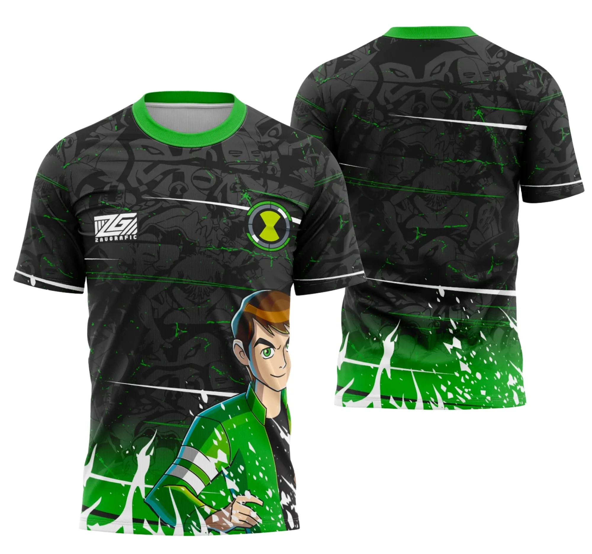 Camiseta unissex preta com logo no peito e estampa grande nas costas da equipe Ben 10, ideal para eventos e uso casual.