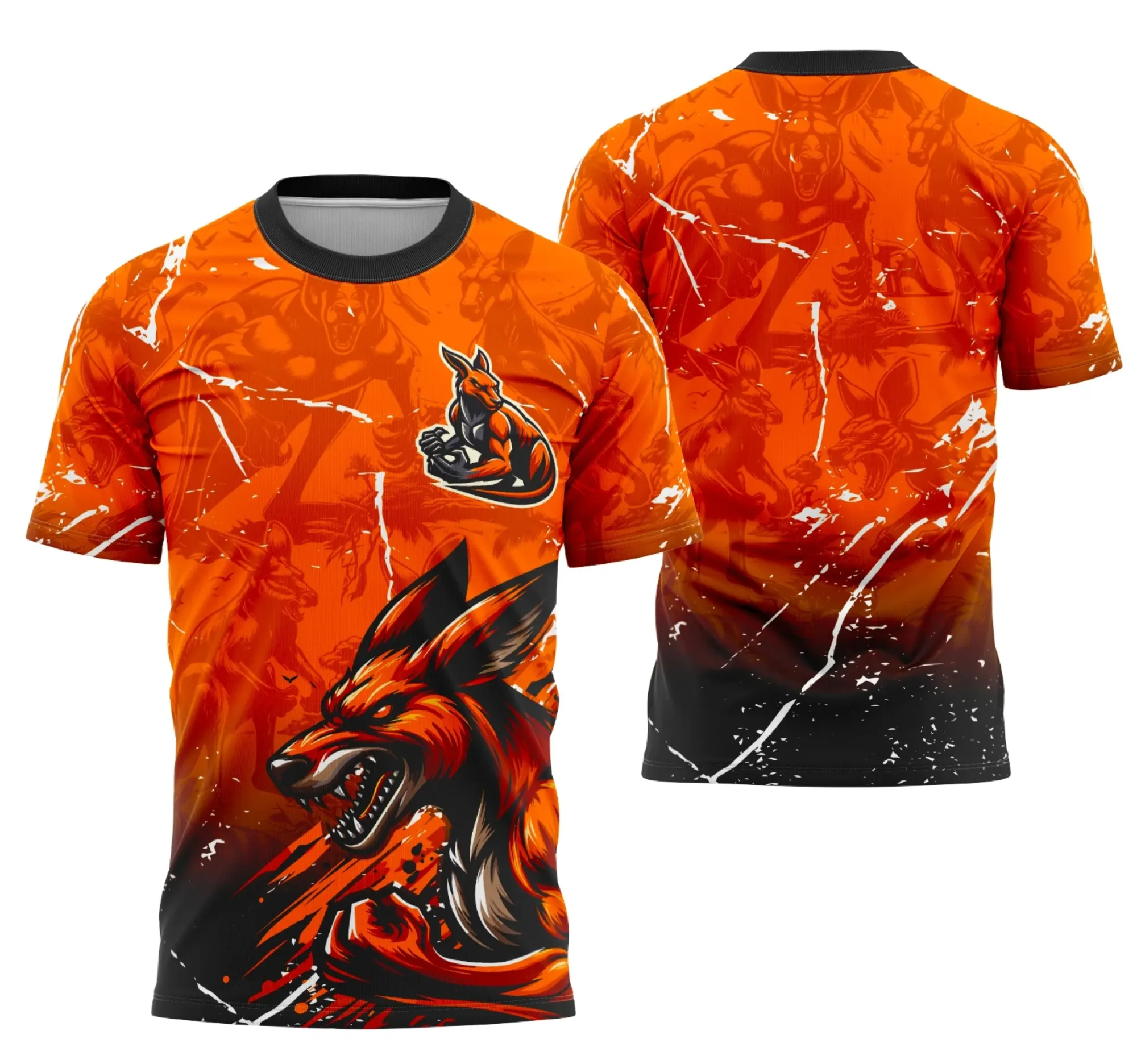 Camiseta unissex preta com logo no peito e estampa grande nas costas da equipe Canguru para eventos interclasse, com design moderno e esportivo.