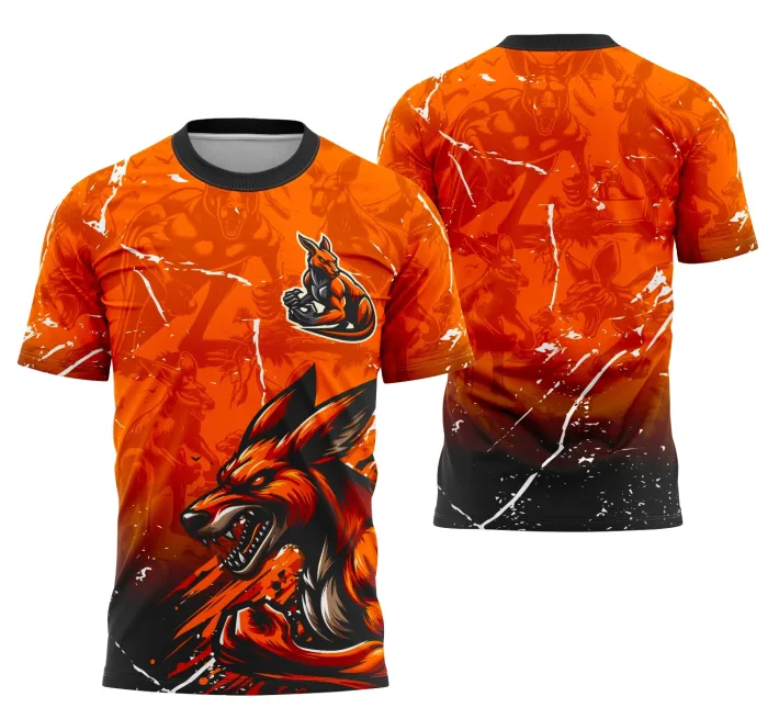 Camiseta unissex preta com logo no peito e estampa grande nas costas da equipe Canguru para eventos interclasse, com design moderno e esportivo.