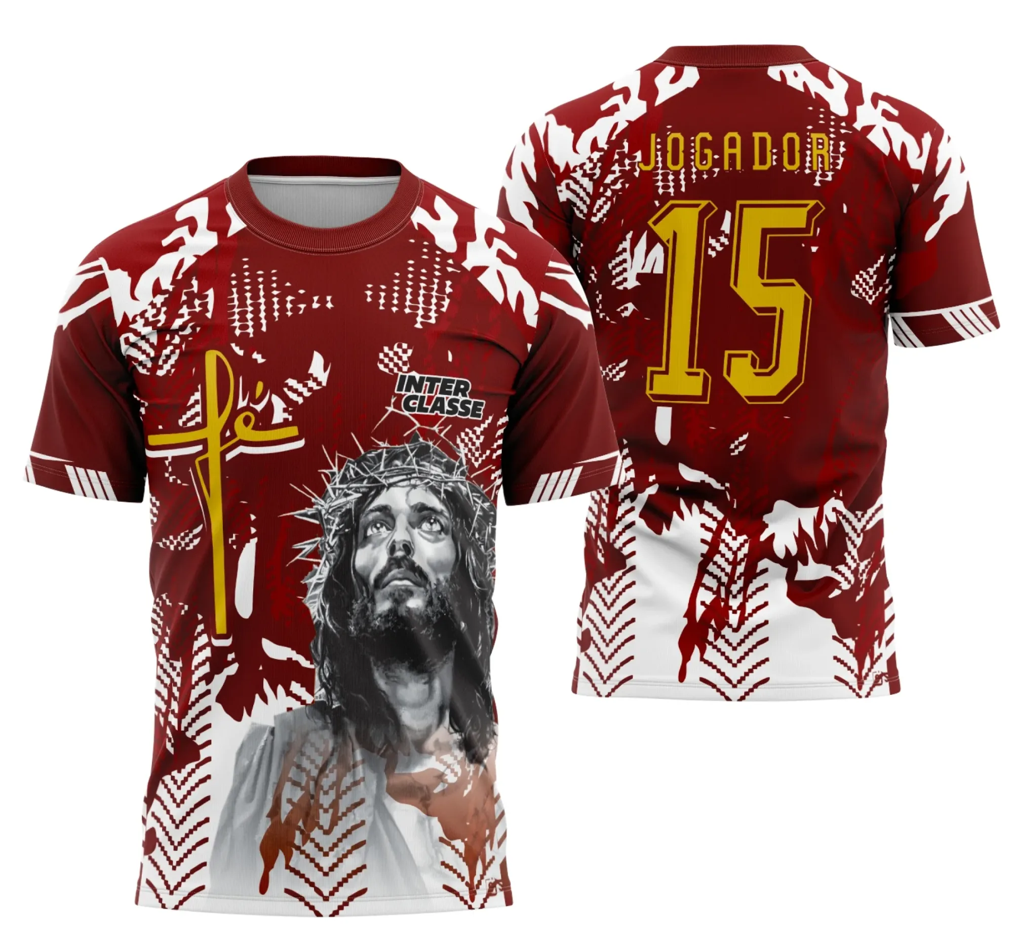 Camisa preta unissex com logo no peito e estampa grande nas costas, tema Interclasse Futebol Jesus Cristo modelo 25, perfeita para torcedores que buscam estilo e fé no esporte.