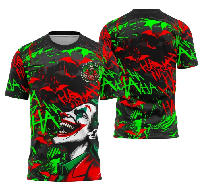 Camiseta unissex preta com logo no peito e estampa grande nas costas da equipe Coringa, ideal para eventos interclasse e times escolares.