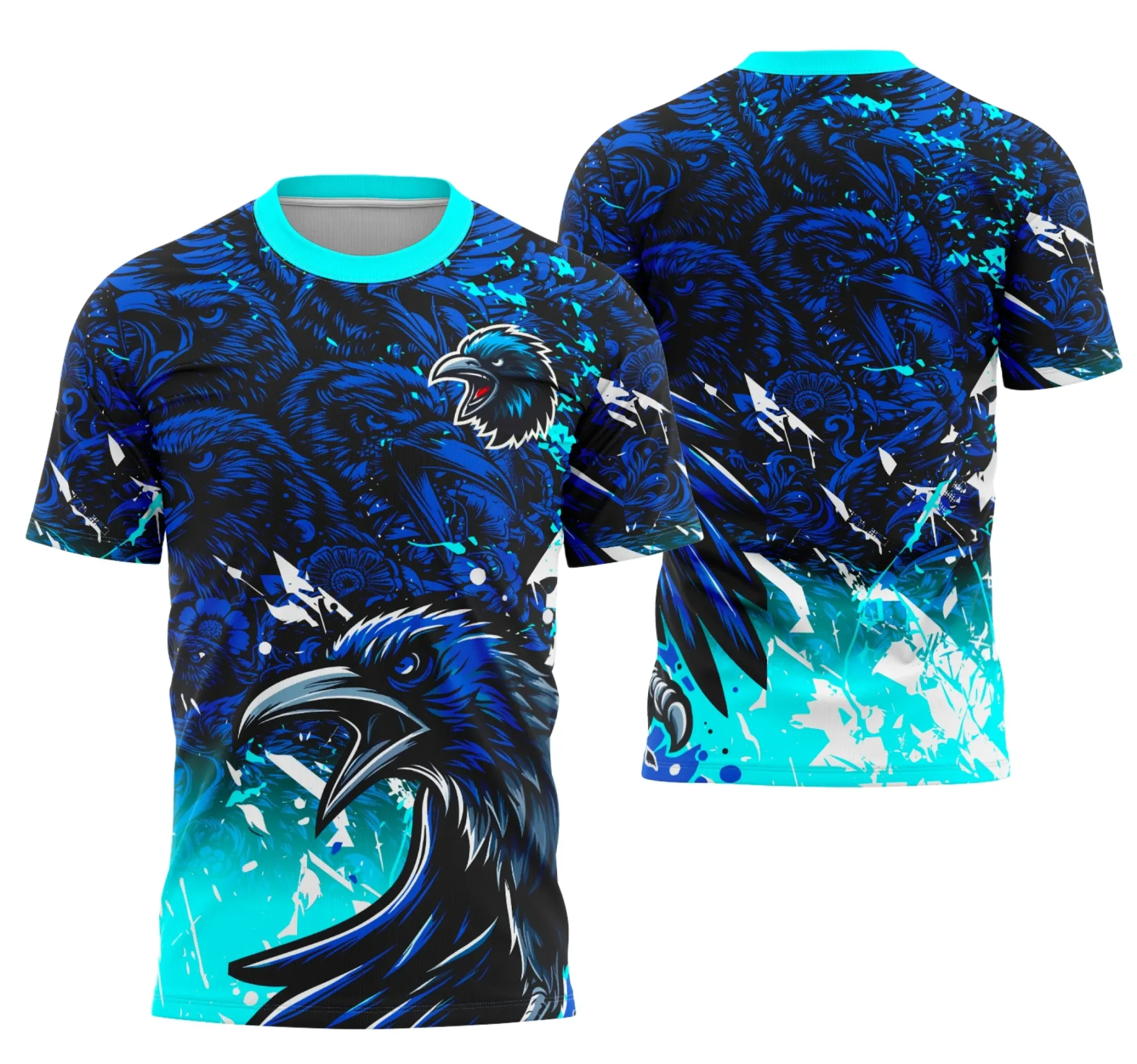 Camiseta unissex preta com logo no peito e estampa grande nas costas da Equipe Corvo, perfeita para uso em eventos interclasse, design impactante e moderno.