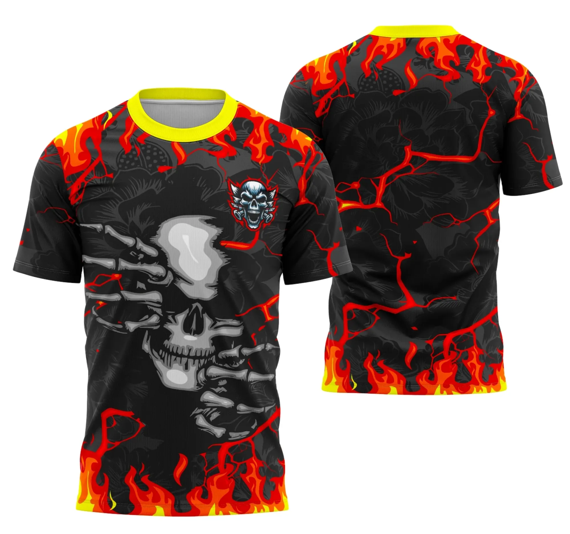 Camiseta unissex preta com logo no peito e estampa grande nas costas tema Interclasse Equipe Crânio, destaque para visual impactante e moderno, ideal para eventos e equipes.