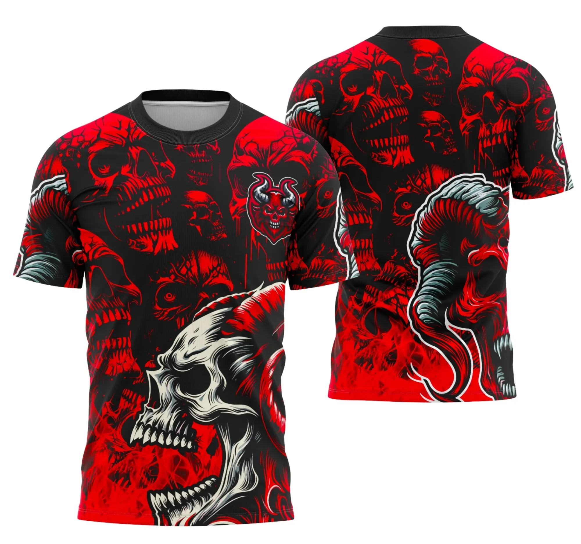 Camiseta unissex preta com logo no peito e estampa grande nas costas da equipe Demônio para eventos interclasse, design impactante e moderno.