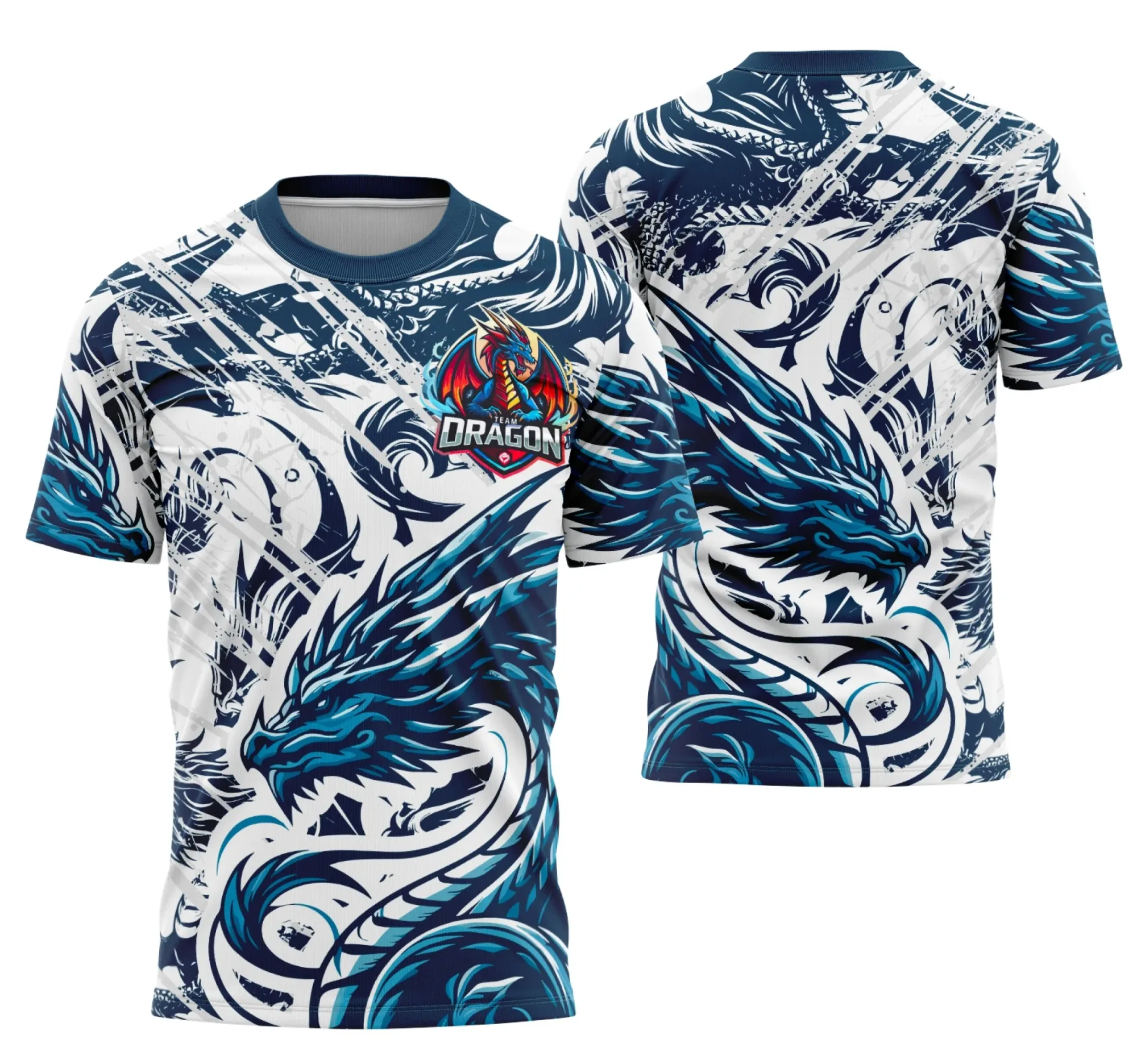 Camiseta unissex preta com logo no peito e estampa grande nas costas da Interclasse Equipe Dragão Modelo 4, design moderno e vibrante ideal para eventos escolares.