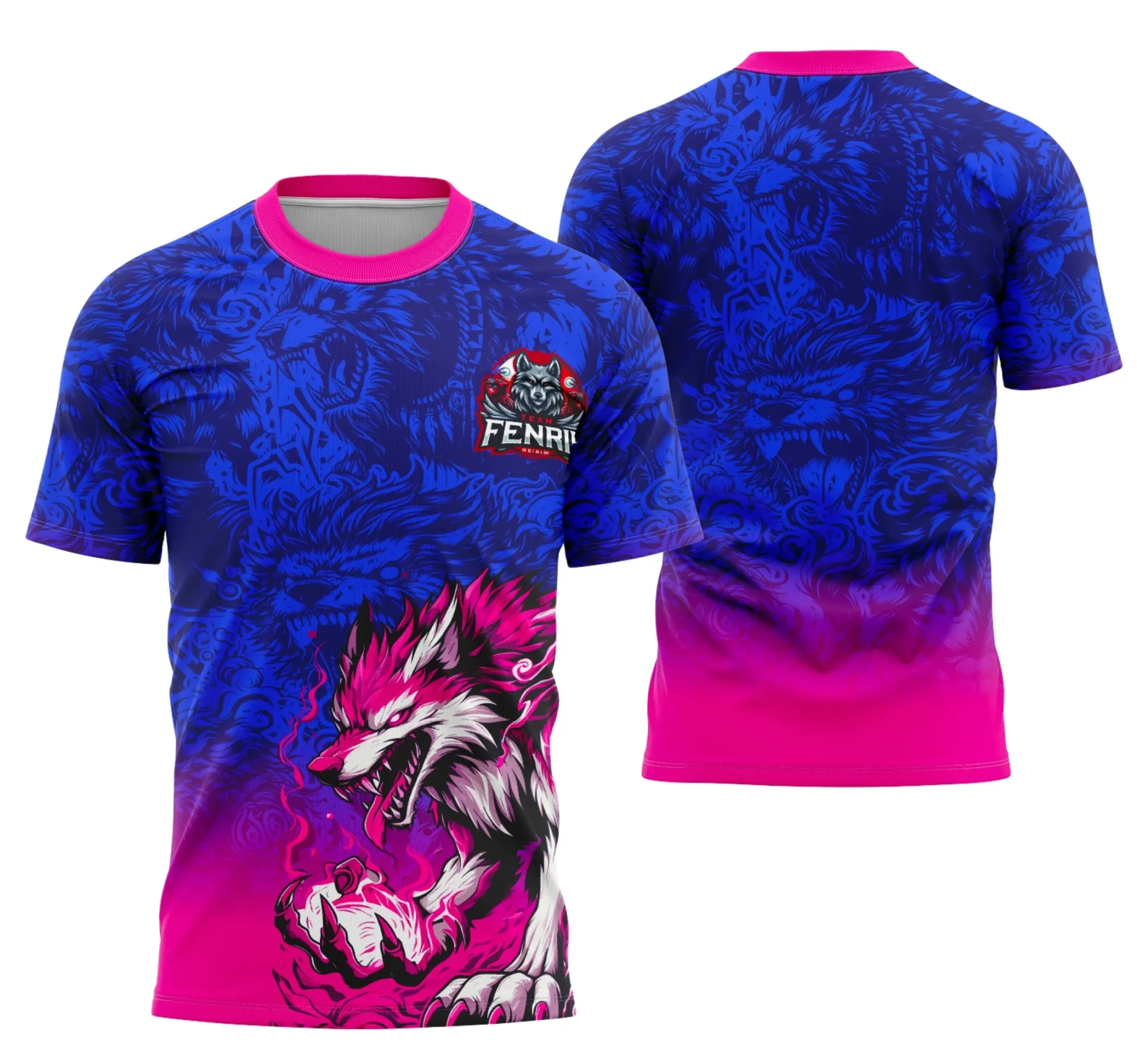 Camiseta unissex preta com logo no peito e estampa grande nas costas da equipe Fenrir do Interclasse, combinando estilo moderno e conforto para torcedores e participantes.