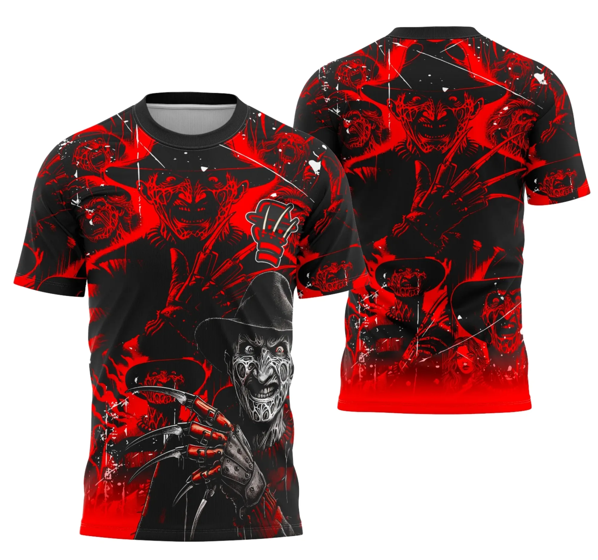 Camiseta unissex preta com logo no peito e estampa grande nas costas inspirada na equipe Freddy Krueger, ideal para fãs de terror e para evento interclasse.