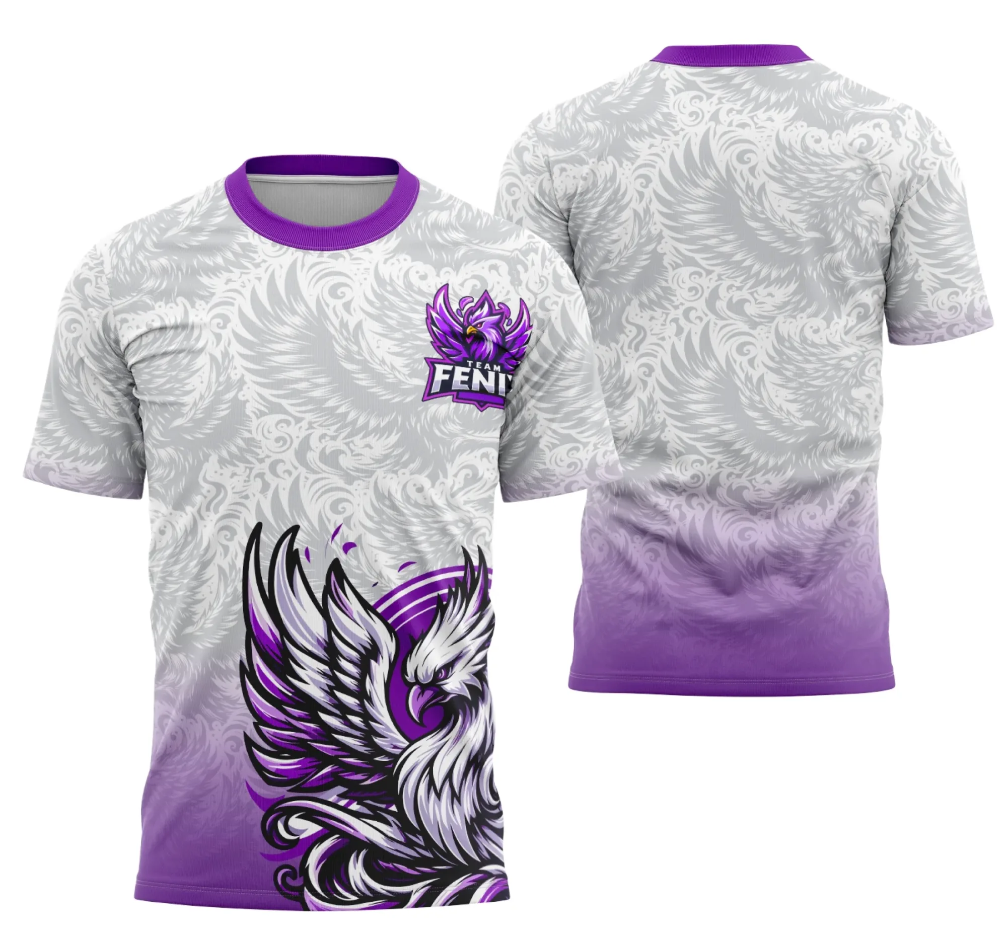 Camiseta unissex preta com logo no peito e estampa grande nas costas da equipe Fênix modelo 3, perfeita para eventos e times que buscam estilo e identidade forte.