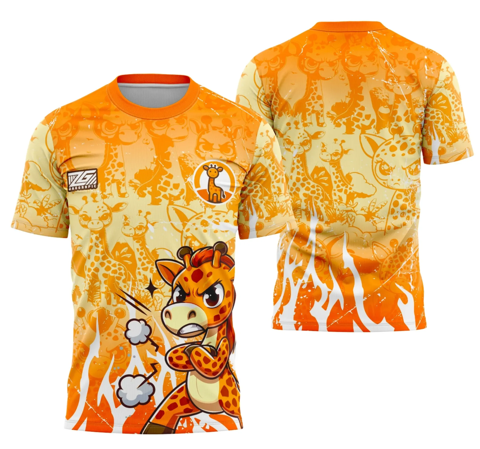 Camiseta unissex branca com logo no peito e estampa grande nas costas da equipe Girafa Fofa, perfeita para fãs do tema divertido e jovem.