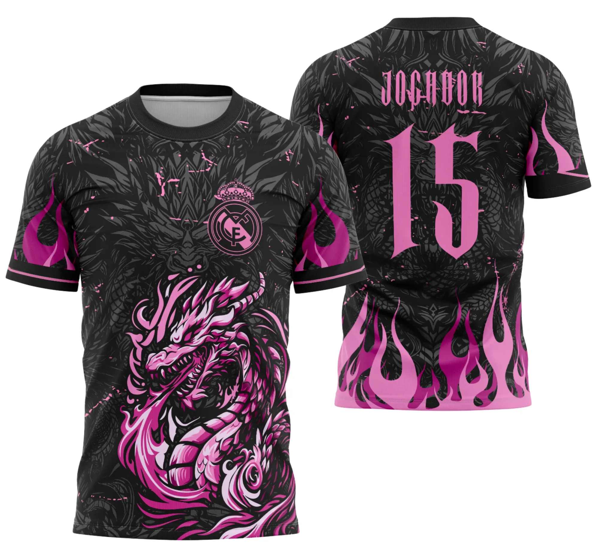Camiseta unissex preta com logo no peito e estampa grande nas costas mostrando o Dragão Rosa do Interclasse 2026, ideal para fãs de design moderno e vibrante.
