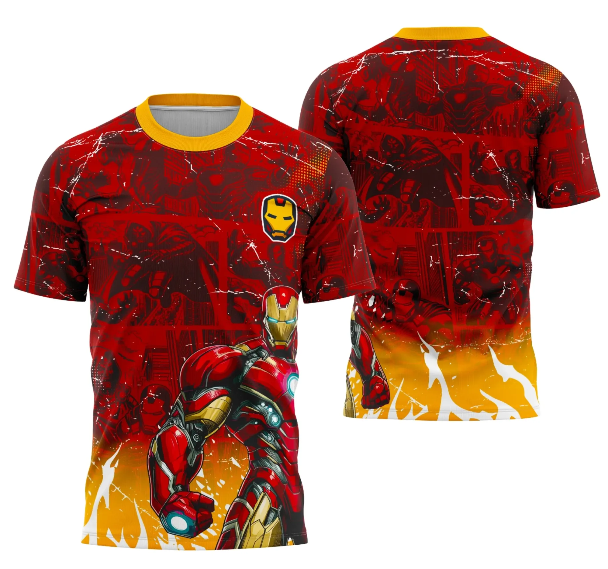 Camiseta unissex preta com logo no peito e estampa grande nas costas da Equipe Homem De Ferro, ideal para times interclasse com visual moderno e vibrante.