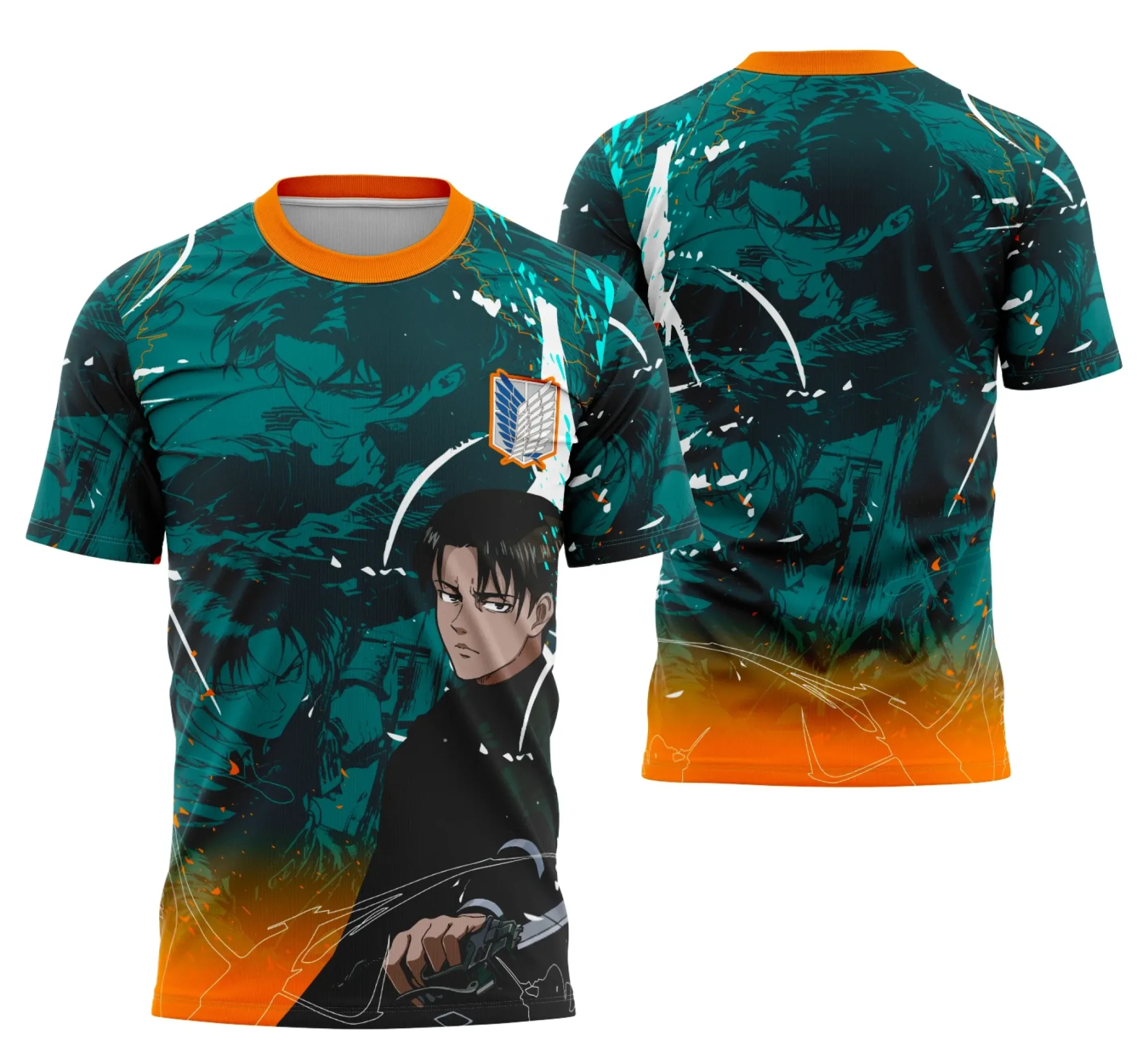 Camiseta unissex preta com logo no peito e estampa grande nas costas da equipe Levi Ackerman, ideal para fãs do tema interclasse.