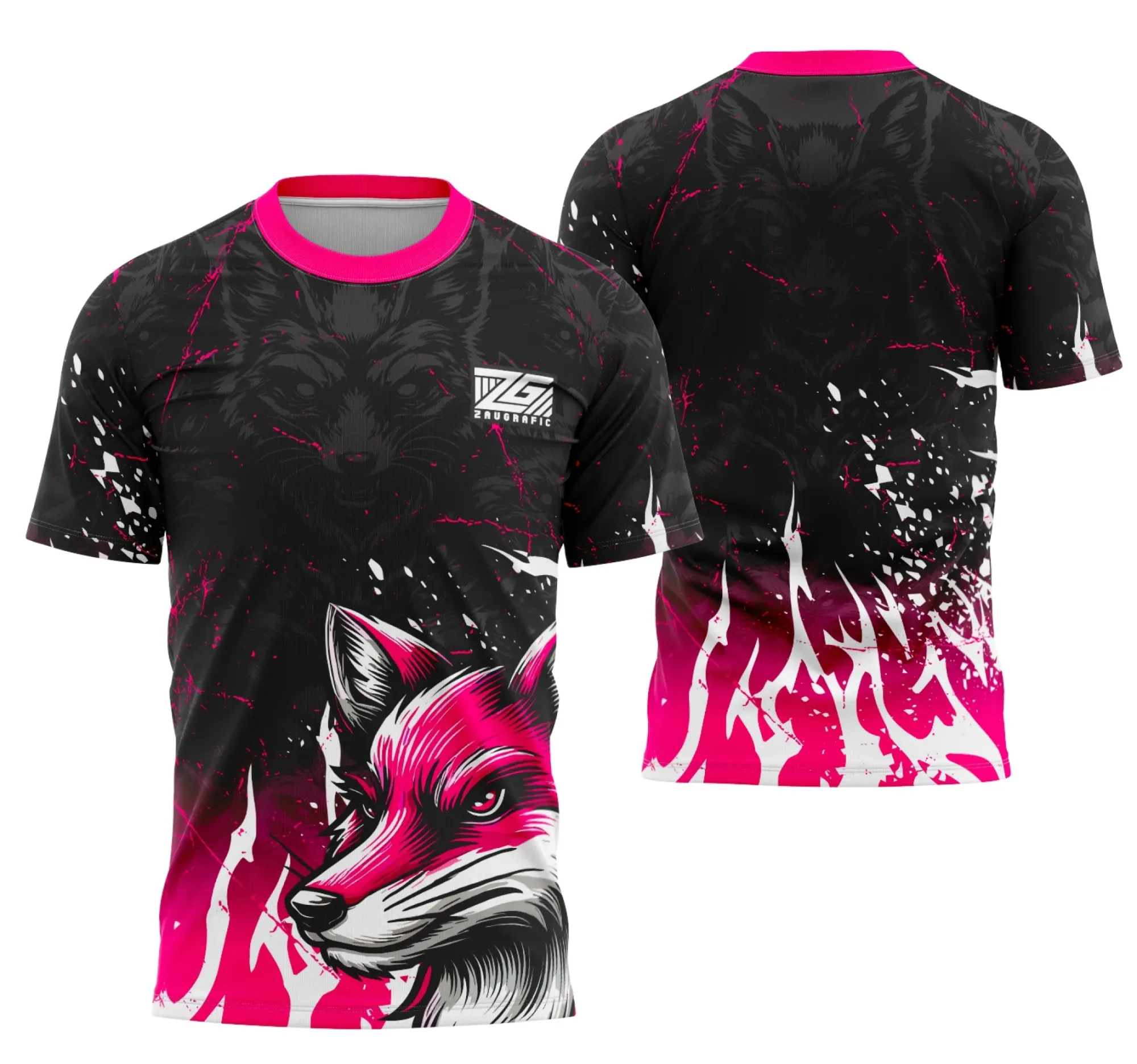 Camiseta unissex preta com logo no peito e estampa grande nas costas alusiva à equipe Lobo, ideal para uso em eventos interclasse e competições escolares.