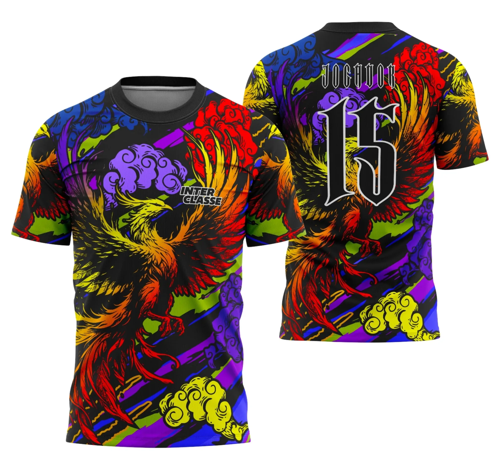 Camiseta unissex preta com logo no peito e estampa grande nas costas mostrando o tema Fênix Gradiente Premium, modelo 2 do Interclasse, ideal para quem busca design moderno e vibrante.