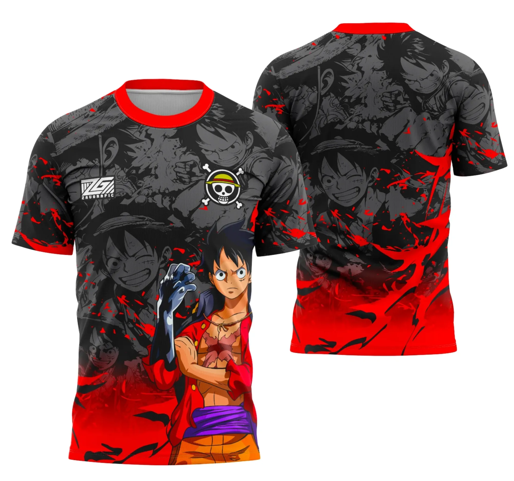Camiseta unissex preta com logo no peito e estampa grande nas costas inspirada na Interclasse Equipe Luffy, ideal para eventos e times que buscam estilo e identidade.