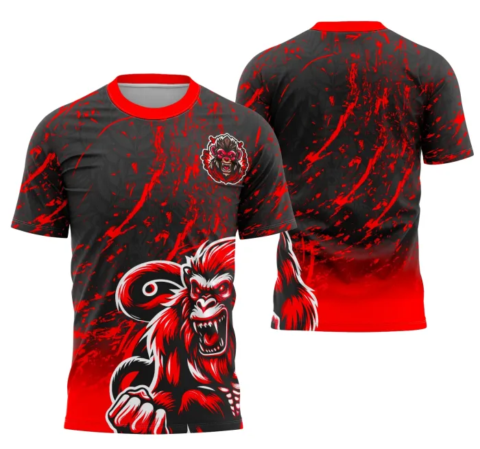 Camiseta unissex preta com logo no peito e estampa grande nas costas representando a Equipe Macaco do Interclasse, ideal para ocasiões esportivas e escolares, destacando o espírito de equipe com design marcante e moderno.