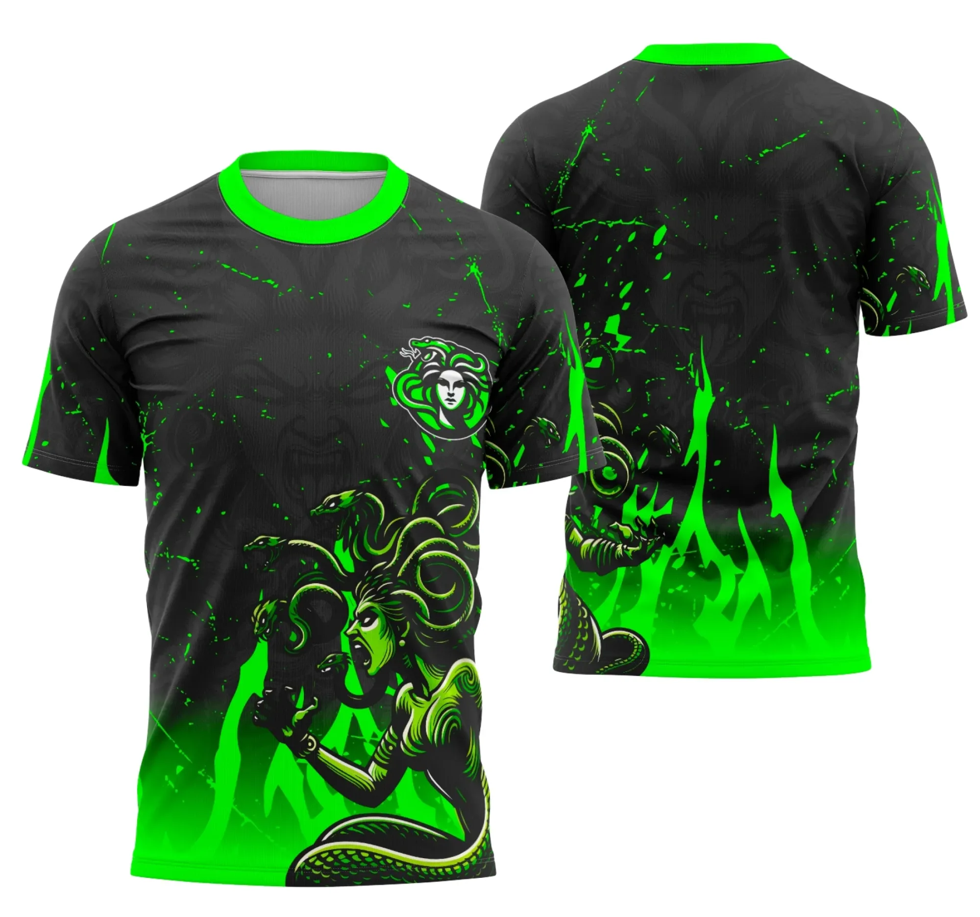 Camiseta unissex preta com logo no peito e estampa grande nas costas com tema Interclasse Equipe Medusa, perfeita para quem busca estilo e identidade para times ou eventos.