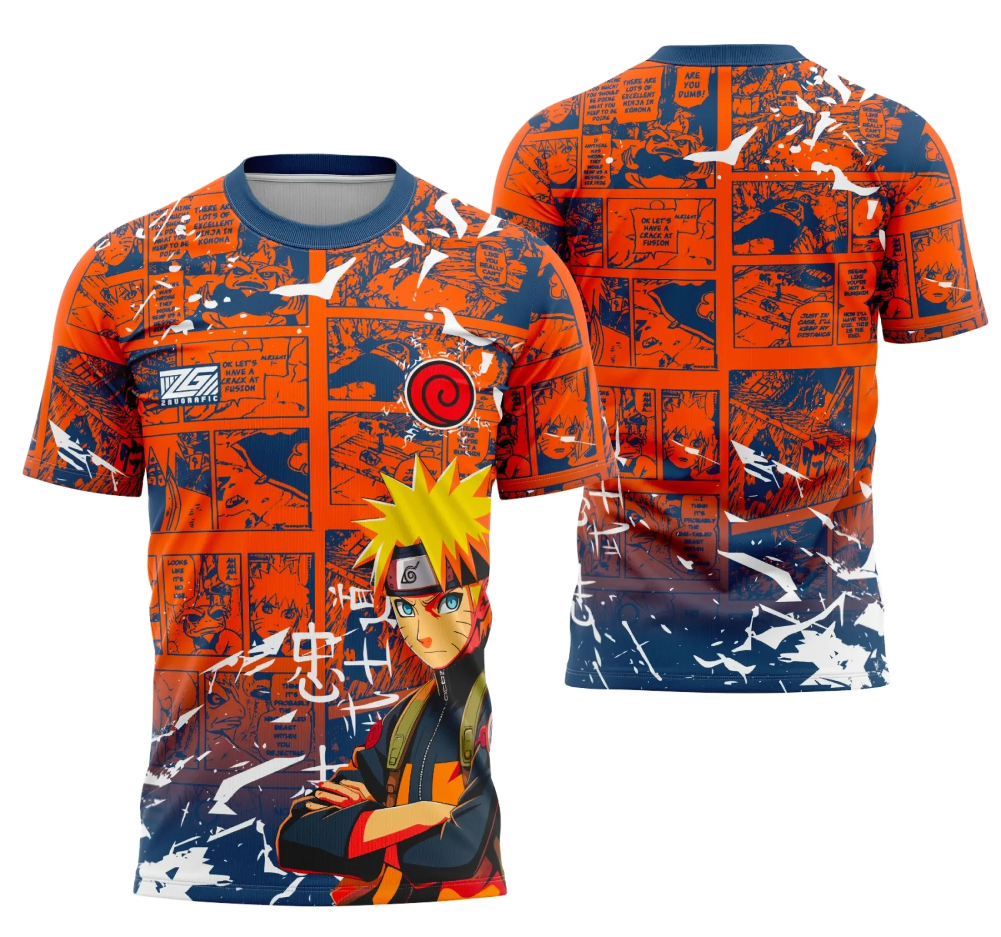 Camiseta unissex preta com logo no peito e estampa grande nas costas da equipe Naruto, ideal para fãs em eventos e uso casual.