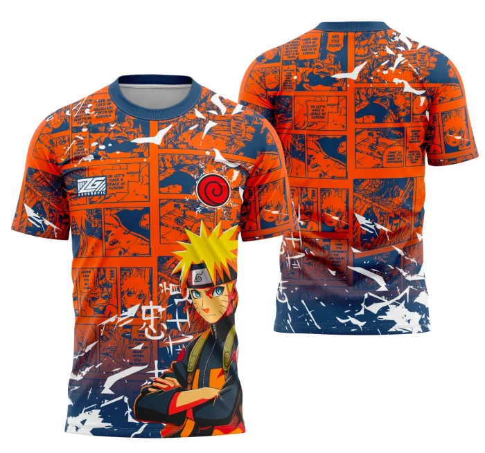 Camiseta unissex preta com logo no peito e estampa grande nas costas da equipe Naruto, ideal para fãs em eventos e uso casual.