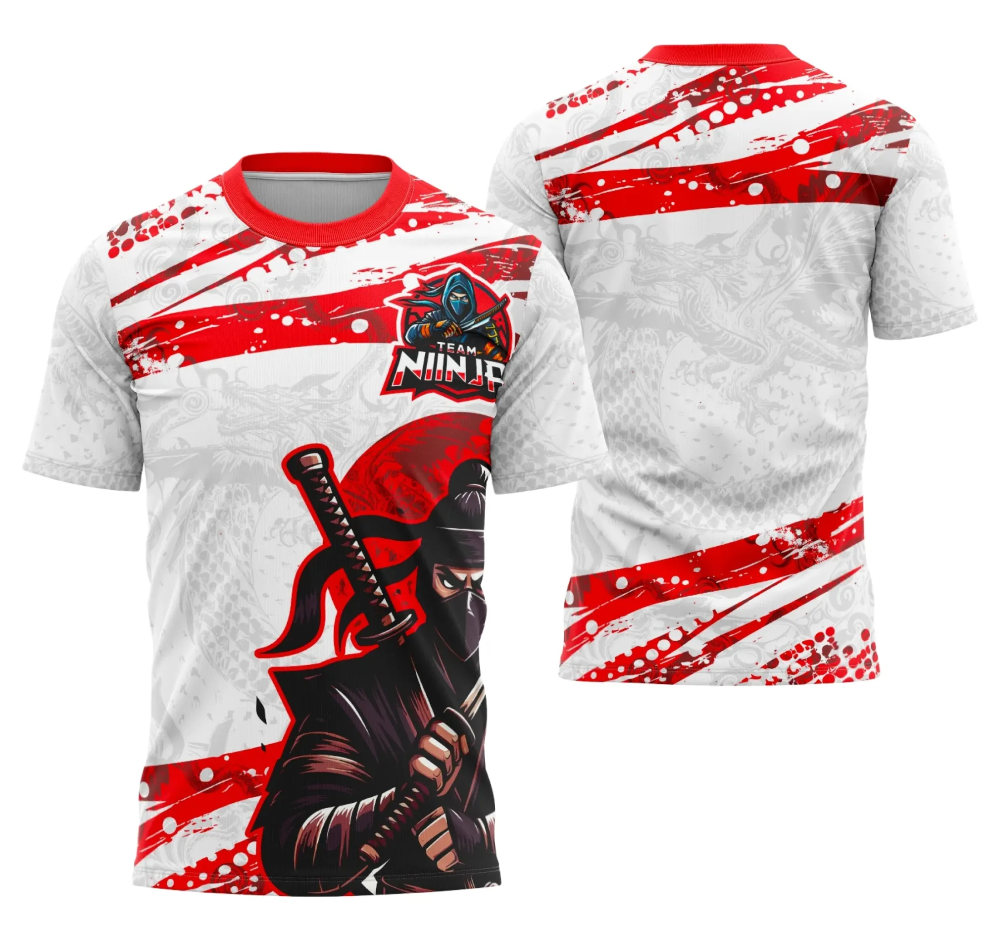 Camiseta unissex preta com logo no peito e estampa grande nas costas da Equipe Ninja do Interclasse, ideal para fãs do tema ninja.