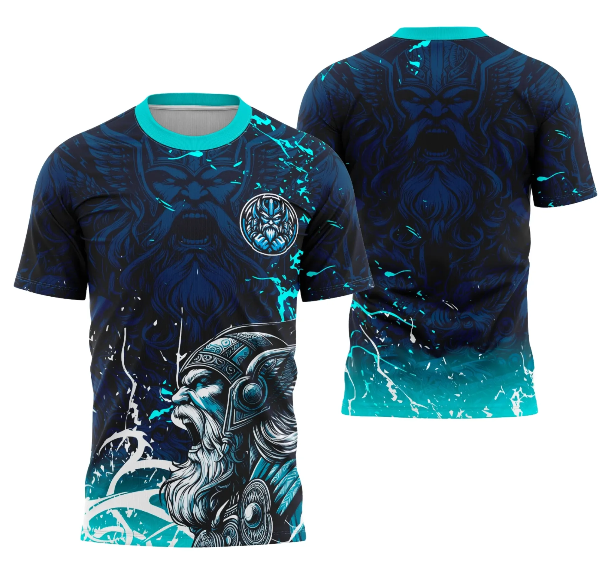 Camiseta unissex preta com logo no peito e estampa grande nas costas da equipe Odin, perfeita para eventos interclasse e competições esportivas.