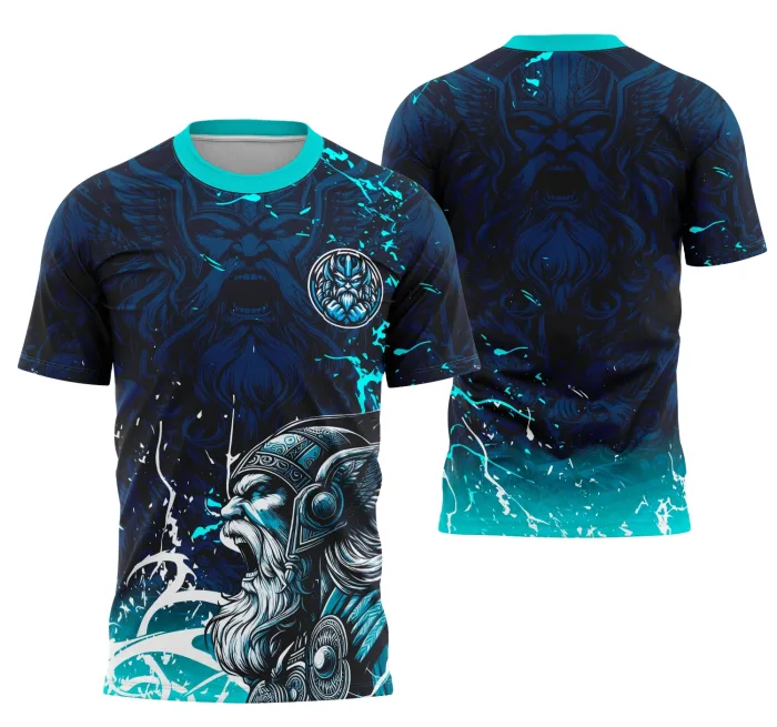 Camiseta unissex preta com logo no peito e estampa grande nas costas da equipe Odin, perfeita para eventos interclasse e competições esportivas.