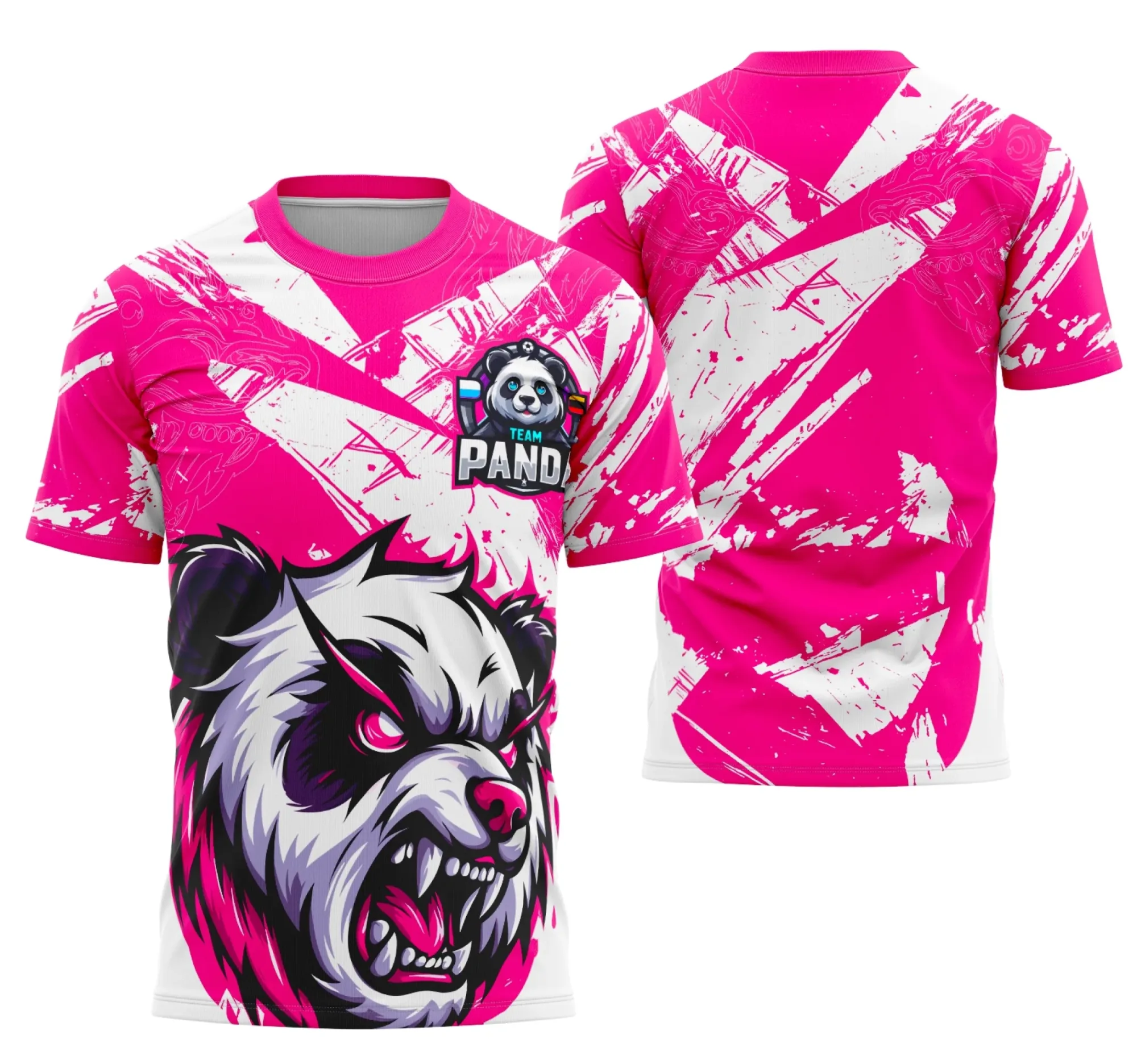 Camiseta unissex preta com logo no peito e estampa grande nas costas da Equipe Panda Interclasse, modelo 2, ideal para turma e time em eventos escolares.