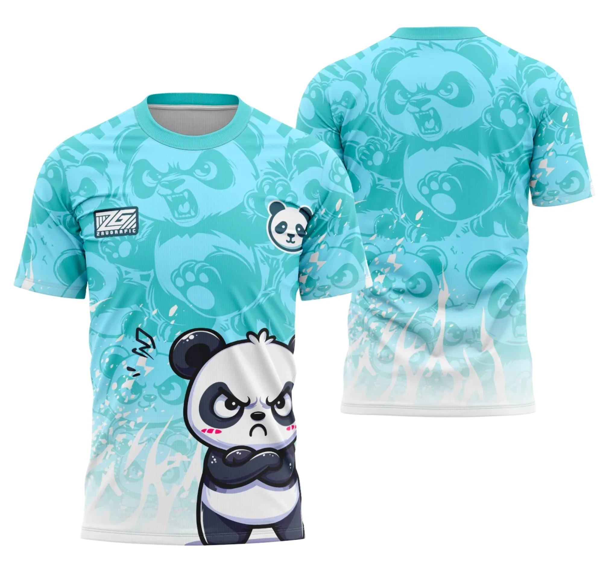 Camiseta unissex preta com logo no peito e estampa grande nas costas de equipe Panda Fofo, ideal para alunos de interclasse, visual moderno e descontraído.