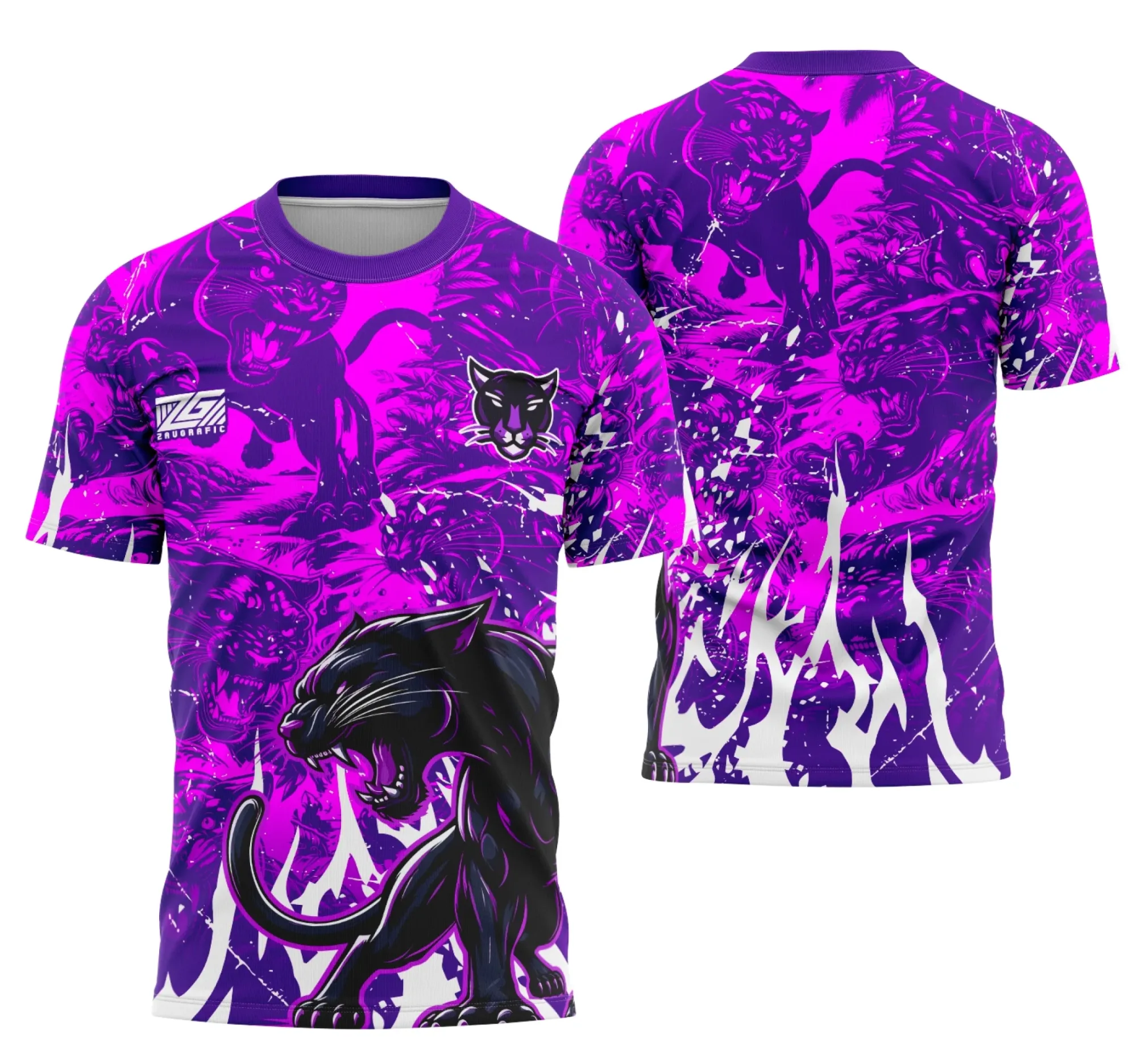 Camiseta unissex preta com logo no peito e estampa grande nas costas mostrando o tema Interclasse Equipe Pantera, ideal para eventos e times.