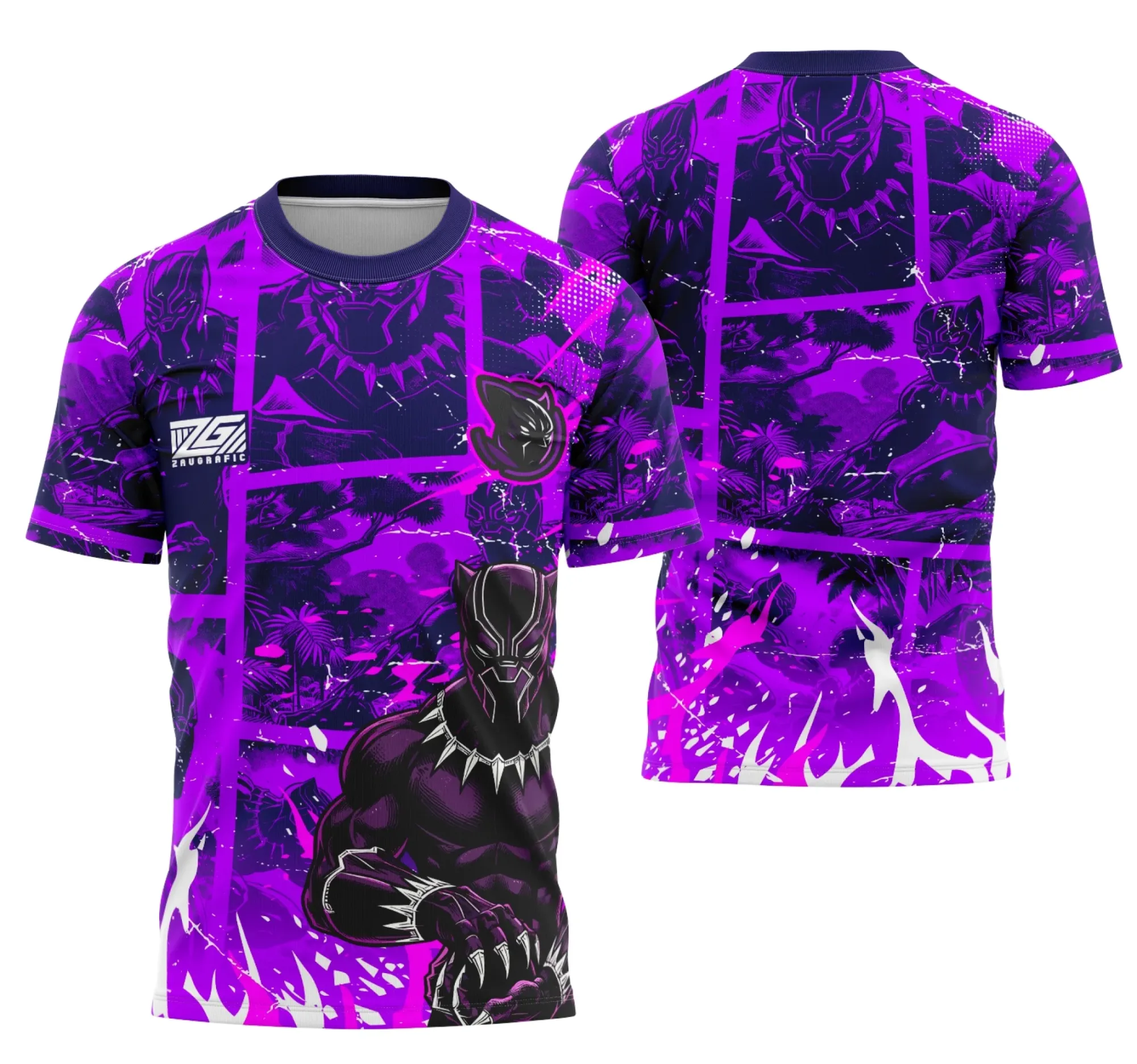 Camiseta unissex preta com logo no peito e estampa grande nas costas da equipe Pantera Negra interclasse, estilo moderno e esportivo para estudantes e torcedores.