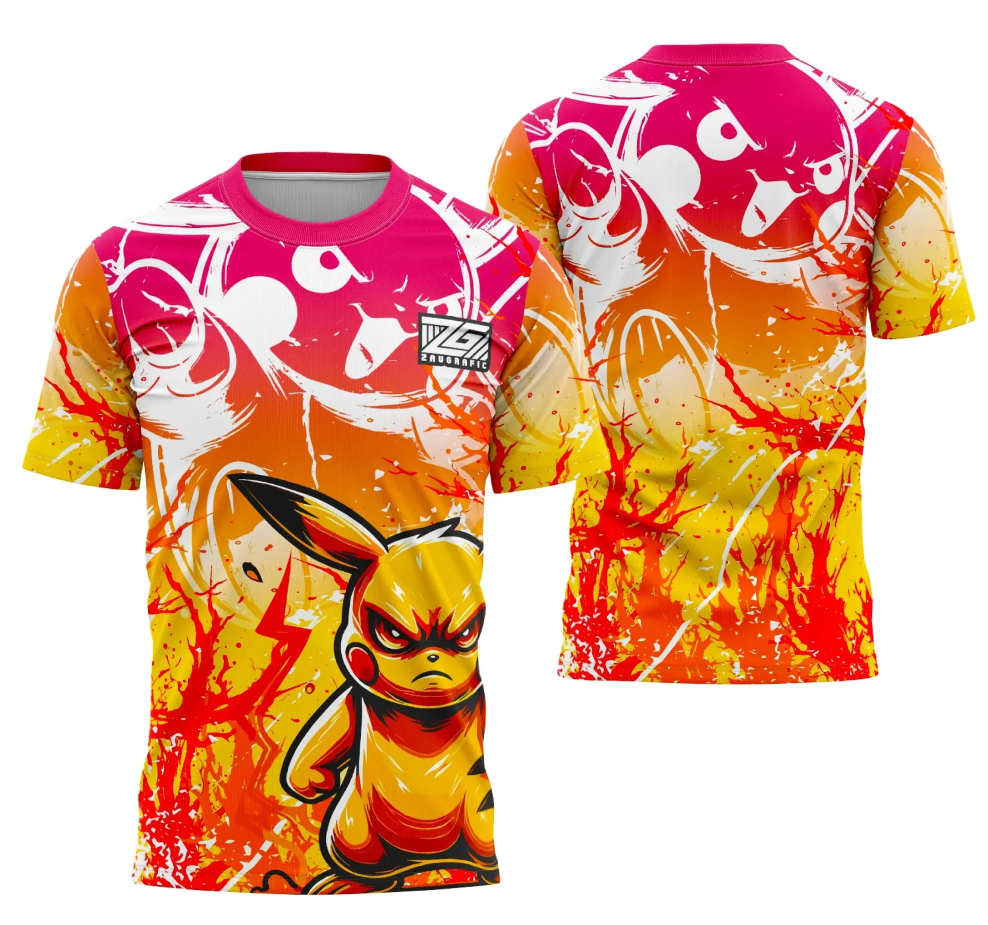 Camiseta unissex preta com logo no peito e estampa grande nas costas da Interclasse Equipe Pikachu, ideal para eventos escolares e fãs do personagem.