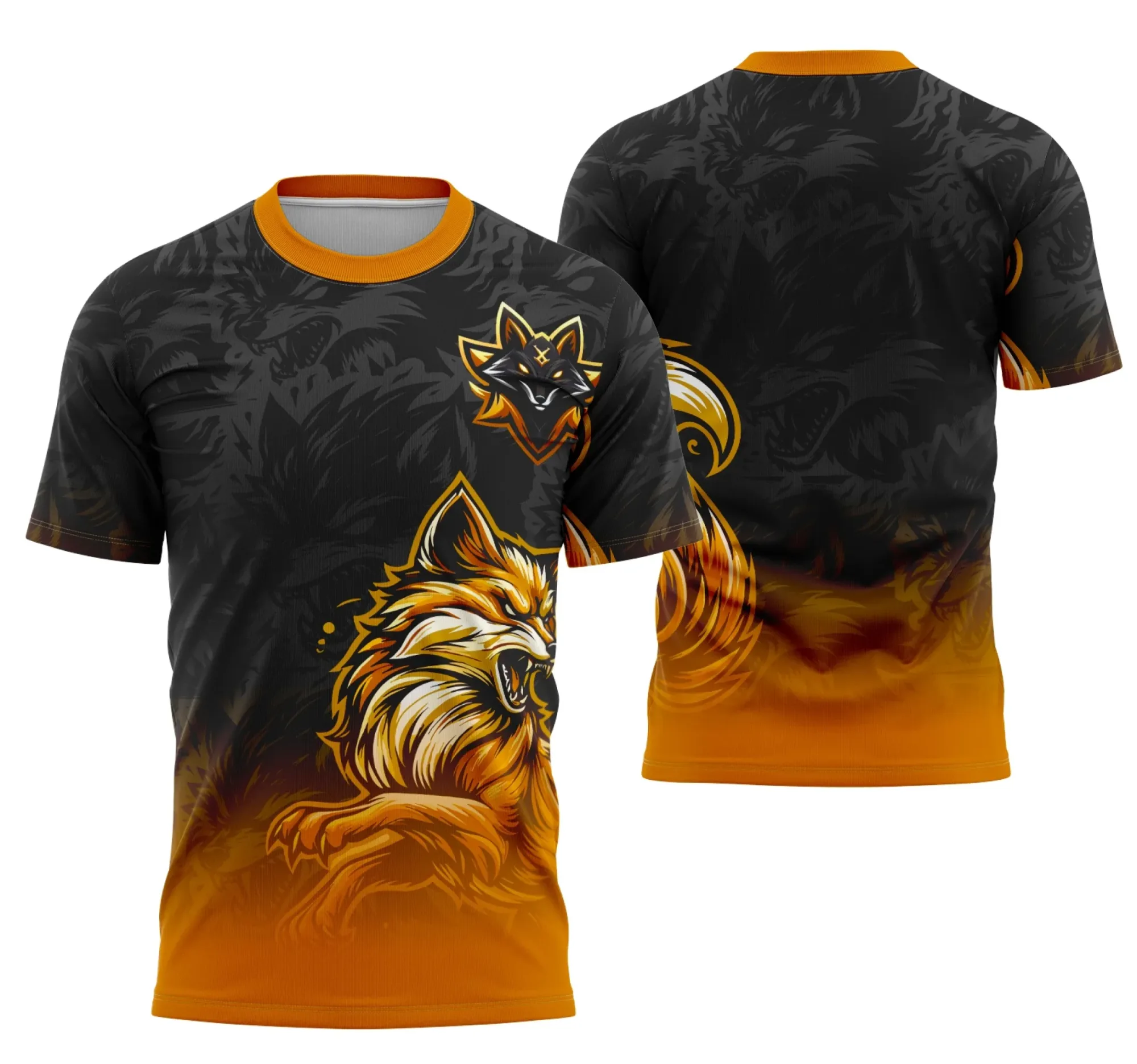 Camiseta unissex preta com logo no peito e estampa grande nas costas da Interclasse Equipe Raposa, destacando a força e união do time em design vibrante e moderno